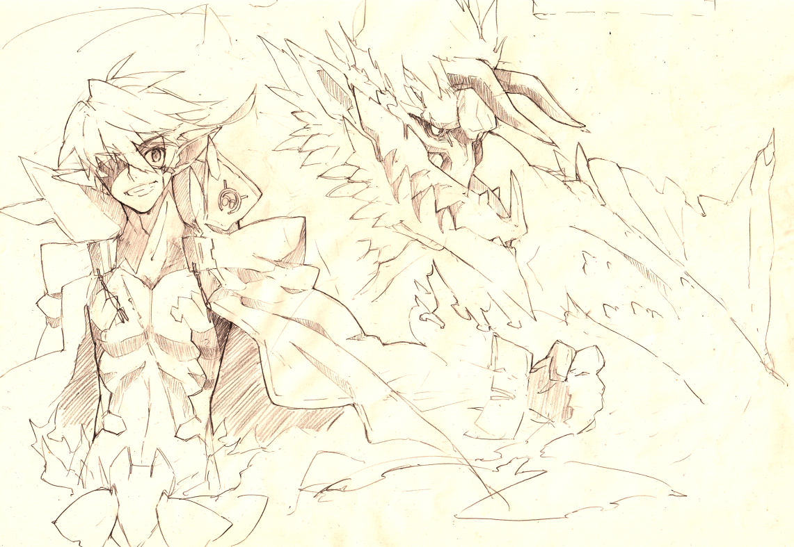 izuru (timbermetal), original, bad id, bad pixiv id, traditional media, 1boy, abs, brown theme, cape, eyepatch, grin, male focus, monochrome, monster, pointy ears, sketch, smile, solo, yellow background