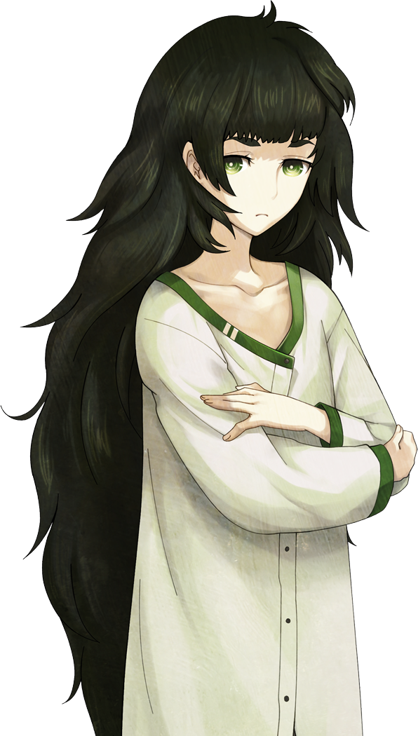 huke, hiyajou maho, science adventure, steins;gate, steins;gate 0, game cg, non-web source, 1girl, blunt bangs, button dress, collar, collarbone, crossed arms, dress, fingernails, flat chest, green collar, green eyes, green hair, green trim, long hair, looking at viewer, messy hair, no jacket, solo, sprite, surprised, transparent background, very long hair, white dress