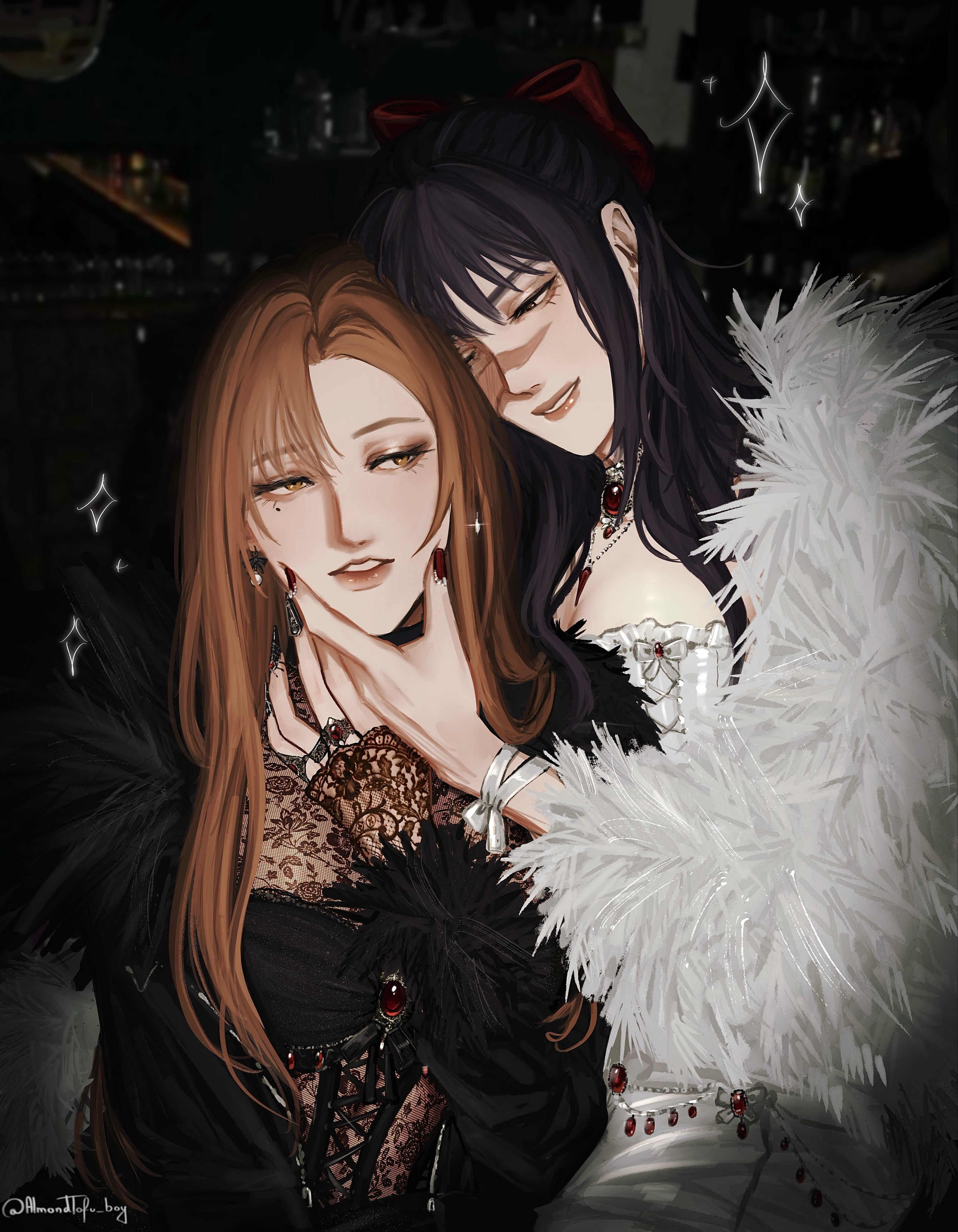 almondtofu boy, ieiri shoko, iori utahime, jujutsu kaisen, absurdres, highres, 2girls, alternate hair length, alternate hairstyle, bow, brooch, brown eyes, brown hair, drawn sparkle, dress, eyelashes, hair bow, jewelry, long hair, multiple girls, red nails, scar, scar on face, yuri