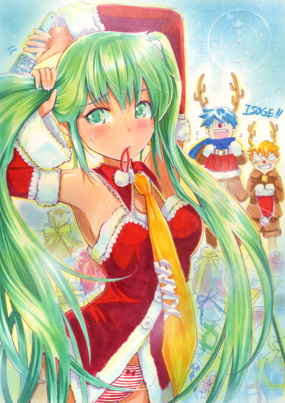 mayo riyo, hatsune miku, kagamine len, kaito (vocaloid), vocaloid, bad id, bad pixiv id, 1girl, 2boys, adjusting hair, animal costume, armor, blush, brushing hair, christmas, comb, detached sleeves, green eyes, green hair, hair brush, mouth hold, multiple boys, necktie, panties, reindeer costume, santa costume, striped clothes, striped panties, twintails, underwear