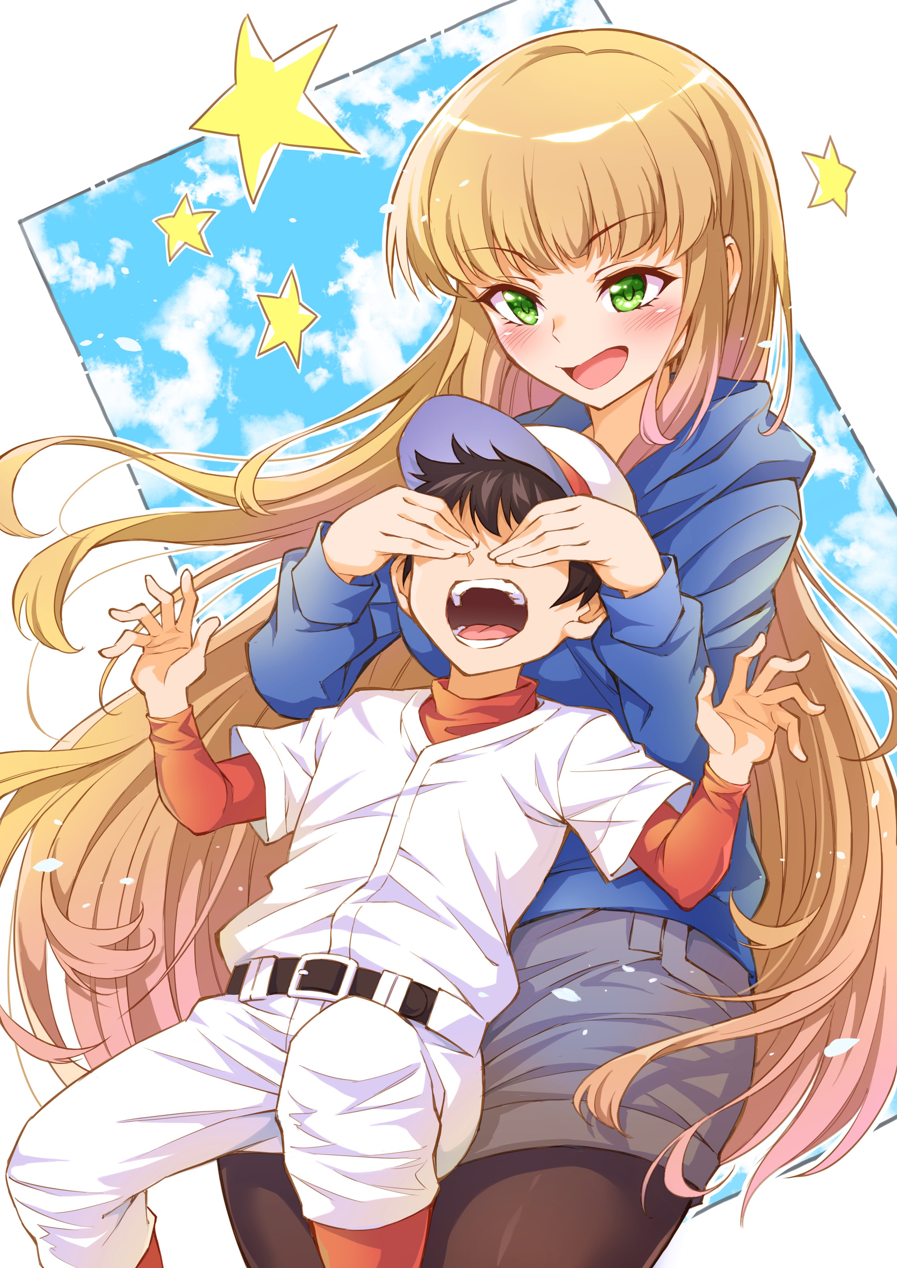 natsume jun, jikkyou powerful pro yakyuu, power pro kun pocket, power pro kun pocket 14, absurdres, highres, 1boy, 1girl, age difference, baseball cap, baseball uniform, belt, black belt, black hair, blonde hair, blue hoodie, brown pantyhose, covering another's eyes, green eyes, grey shorts, hat, hood, hoodie, long hair, onee-shota, open mouth, pantyhose, pantyhose under shorts, pawahotel3021, shorts, sportswear, star (symbol), teeth, white hat