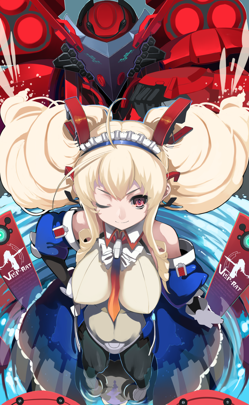 izuru (timbermetal), original, highres, 1girl, blonde hair, bodysuit, breasts, drill hair, female focus, large breasts, long hair, mecha, necktie, one eye closed, pantyhose, pink eyes, robot, smile, solo, twintails, wink