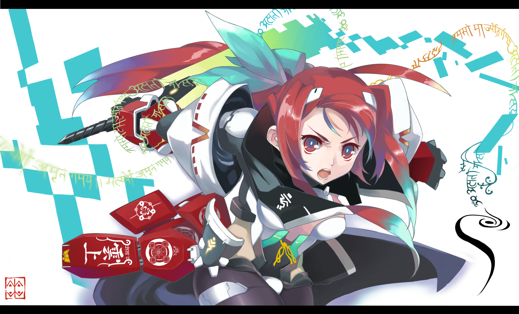 izuru (timbermetal), original, bad id, bad pixiv id, highres, 1girl, ahoge, armor, female focus, letterboxed, long hair, red eyes, red hair, solo, sword, weapon