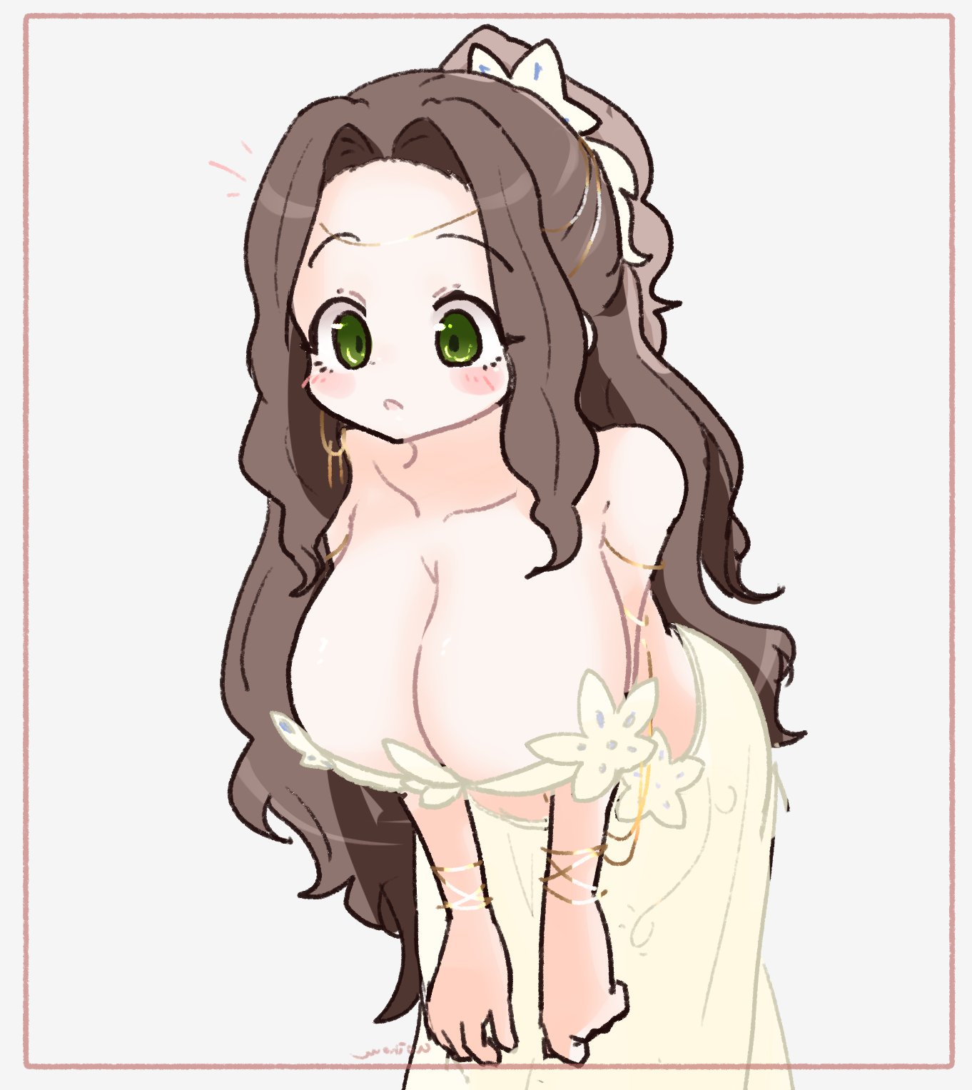 olto rondo, original, commentary, highres, symbol-only commentary, 1girl, bare shoulders, blush, bra, bracelet, breasts, brown hair, cleavage, collarbone, cowboy shot, flower, forehead, gold bracelet, green eyes, hair flower, hair ornament, inset border, jewelry, large breasts, leaning forward, long hair, looking down, notice lines, open mouth, simple background, skirt, solo, underwear, white background, yellow bra, yellow skirt