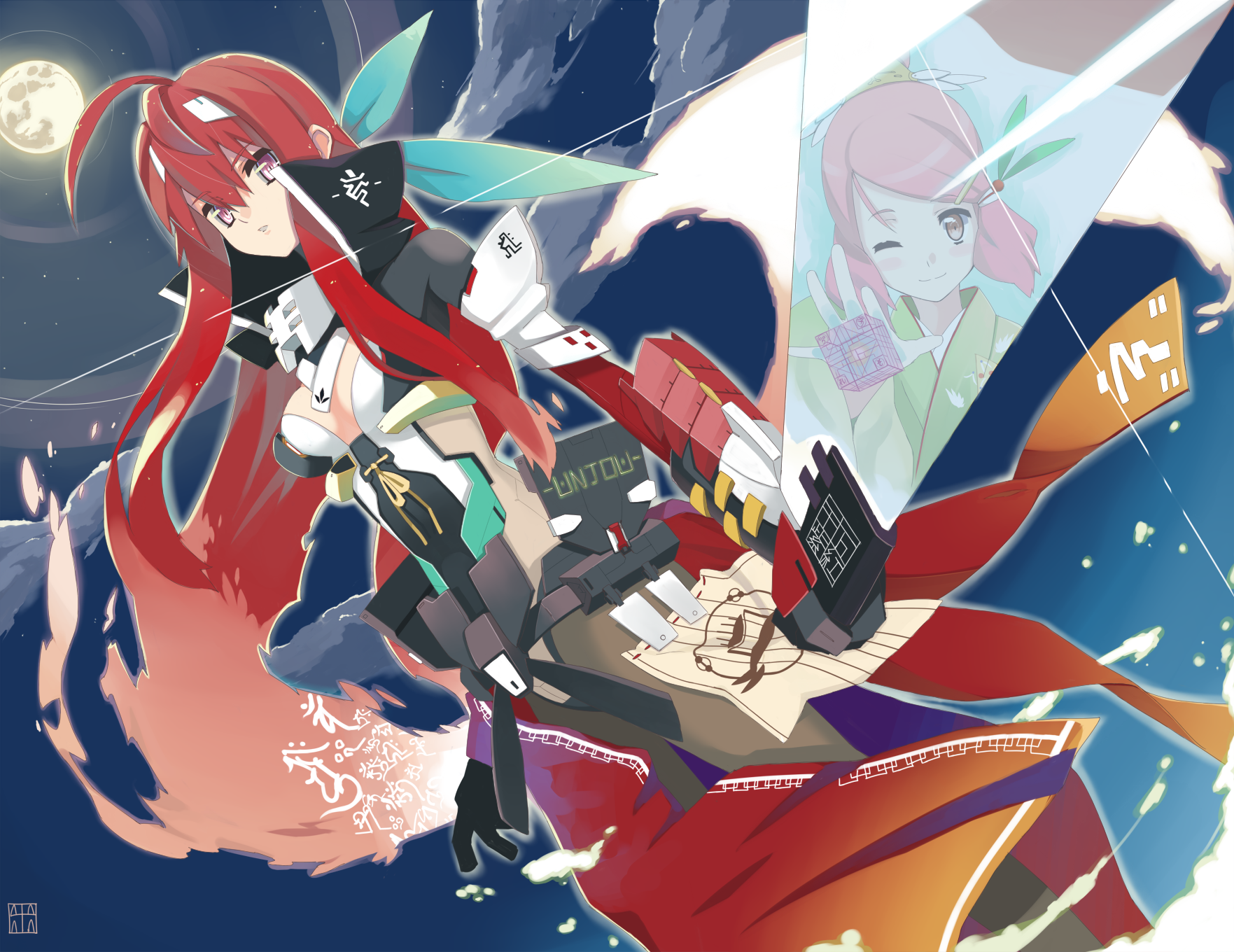 izuru (timbermetal), original, bad id, bad pixiv id, highres, 1girl, ahoge, armor, breasts, cleavage, female focus, hairband, long hair, moon, night, one eye closed, pink eyes, pink hair, red hair, reflection, sky, solo, sword, weapon, wink