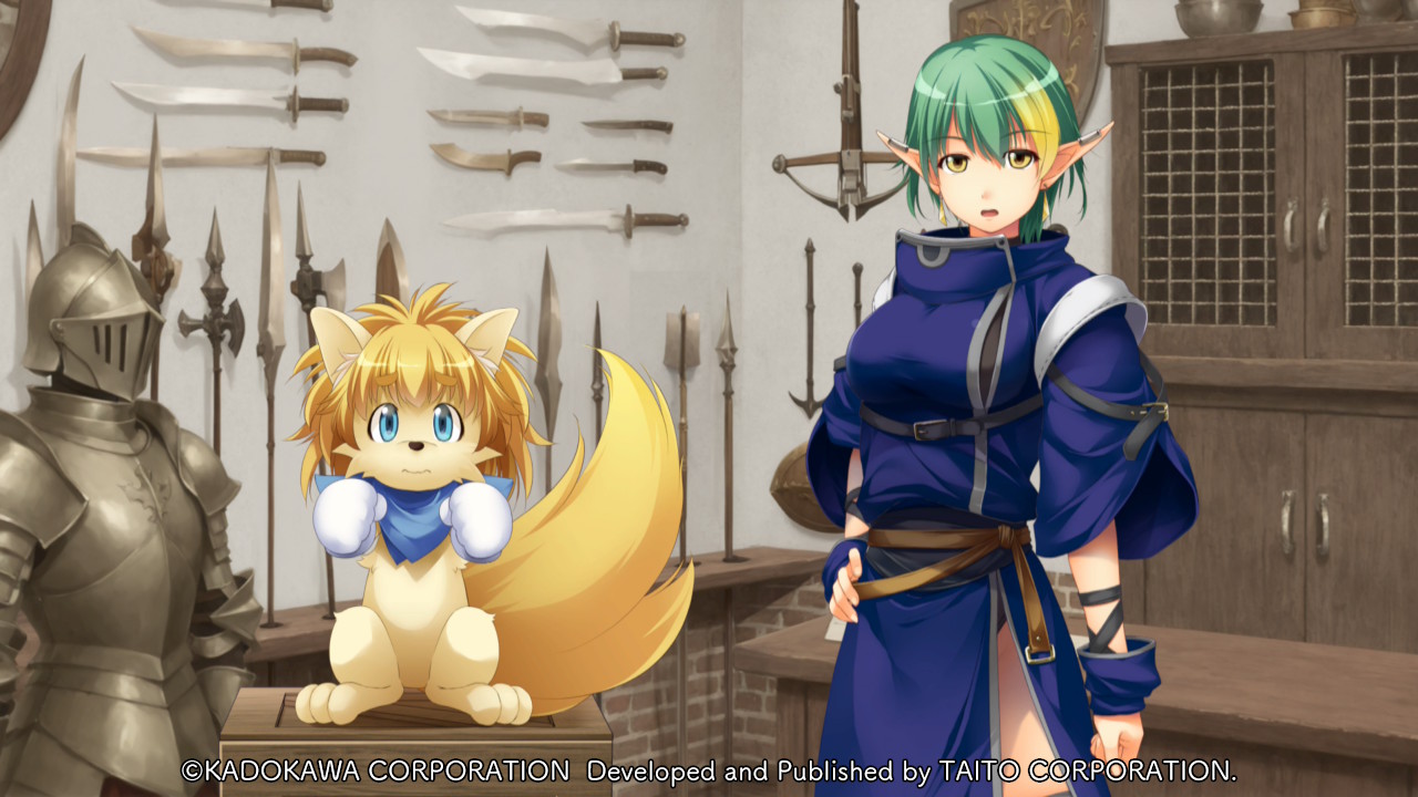 atelier-moo, elle louise, yuukyuu gensoukyoku, game cg, non-web source, 1girl, animal ears, animal nose, armor, belt, blonde hair, blue eyes, blue scarf, body fur, bow (weapon), breasts, brown fur, clenched hands, closed mouth, colored tips, company name, copyright notice, creature, crossbow, dagger, day, dog ears, dog tail, earrings, elf, full armor, gloves, green hair, hair between eyes, halberd, hand on own hip, indoors, jewelry, knife, large breasts, looking at viewer, medium hair, multicolored hair, open mouth, pointy ears, polearm, scarf, shield, shop, short hair, short sleeves, spear, standing, sword, tail, teddy (yuukyuu gensoukyoku), thick eyebrows, thighs, wavy mouth, weapon, white gloves, wooden box, yellow eyes, yuukyuu gensoukyoku revival