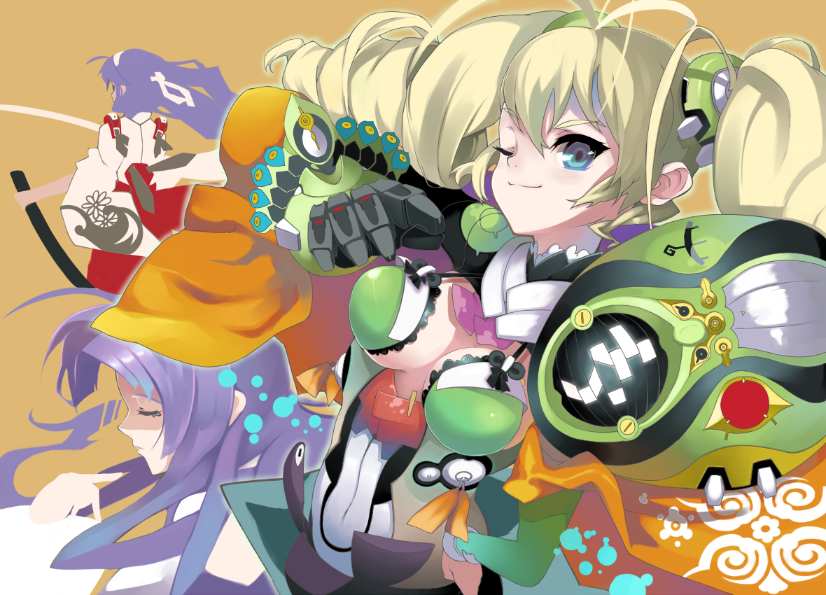 izuru (timbermetal), original, bad id, bad pixiv id, 3girls, antenna hair, armor, blonde hair, breasts, cleavage, closed eyes, drill hair, katana, large breasts, long hair, multiple girls, one eye closed, purple hair, sword, twintails, weapon, wink