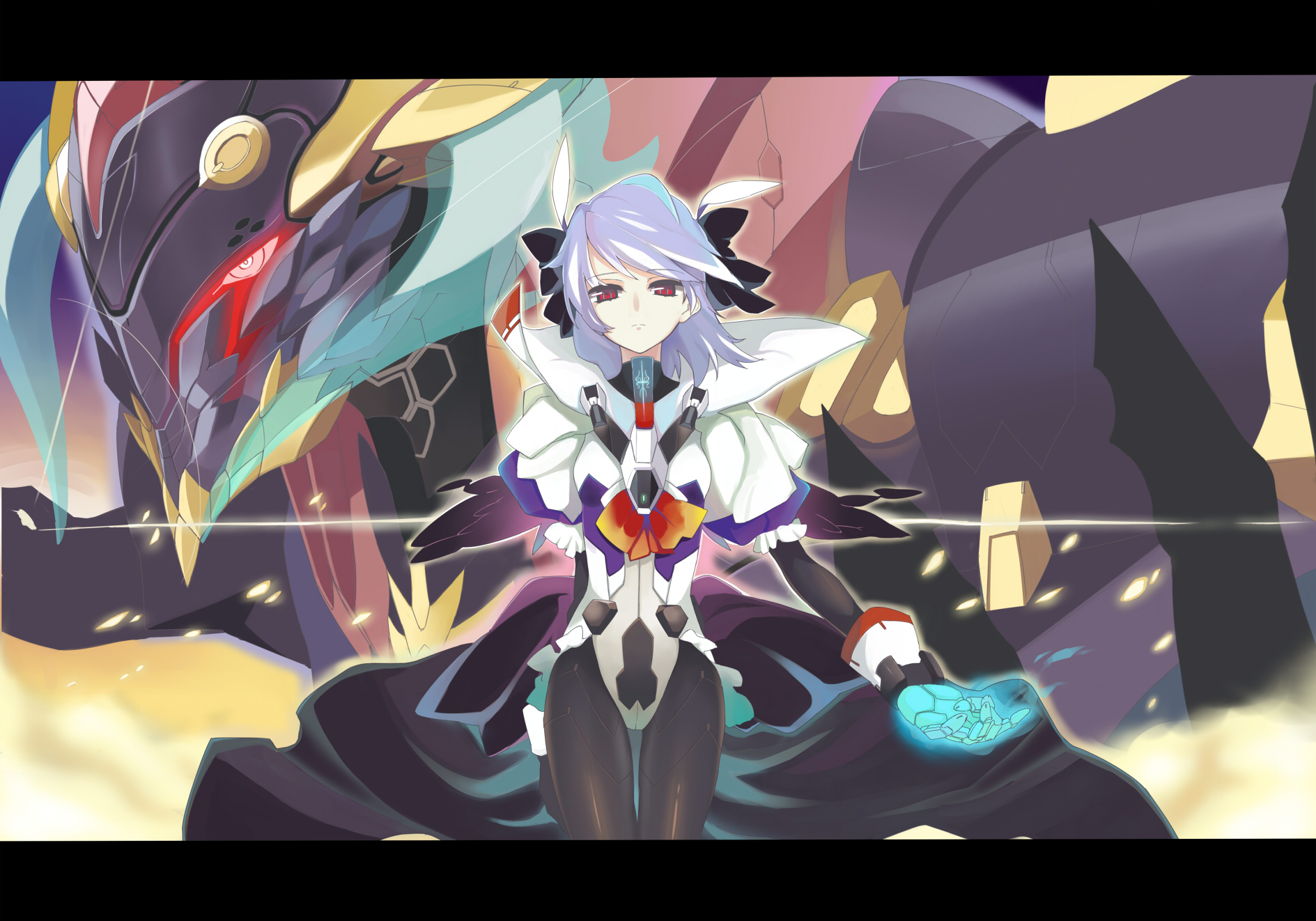 izuru (timbermetal), original, bad id, bad pixiv id, highres, 1girl, armor, female focus, hair ribbon, letterboxed, mecha, pantyhose, purple hair, red eyes, ribbon, robot, solo