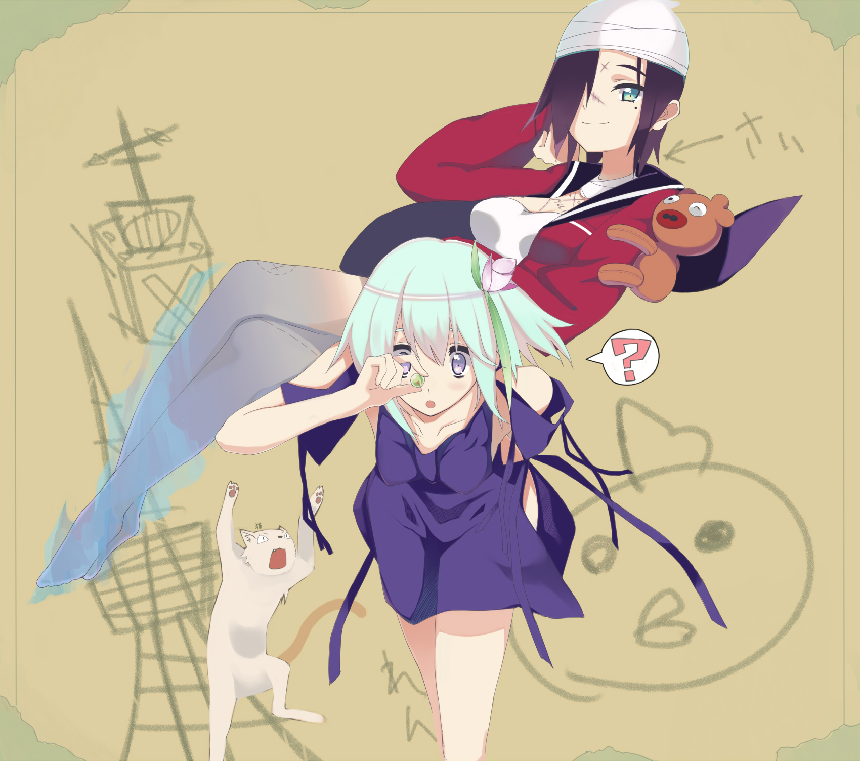 izuru (timbermetal), ren (fragile), sai (fragile), fragile, fragile: sayonara tsuki no haikyo, original, bad id, bad pixiv id, highres, 2girls, :o, ?, aqua hair, bandages, breasts, brown hair, cat, cleavage, dress, hair over one eye, large breasts, legs, mole, mole under eye, multiple girls, pantyhose, scar, short hair, stuffed animal, stuffed toy