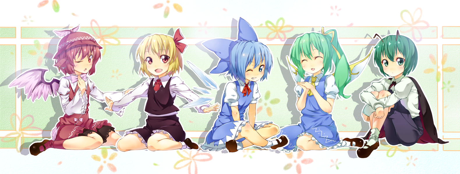 kazuma (kazumav), cirno, daiyousei, mystia lorelei, rumia, wriggle nightbug, touhou, long image, wide image, 5girls, animal ears, antennae, blonde hair, blue eyes, blue hair, bow, cape, green eyes, green hair, hair bow, hair ribbon, hat, mary janes, multiple girls, pink hair, red eyes, ribbon, shoes, short hair, team 9 (touhou), wings
