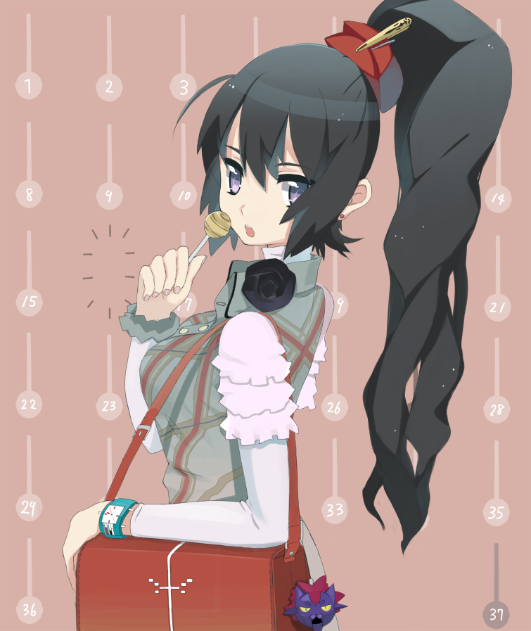 izuru (timbermetal), original, bad id, bad pixiv id, 1girl, bag, black hair, candy, female focus, food, frills, lollipop, long hair, looking back, nail polish, ponytail, purple eyes, solo