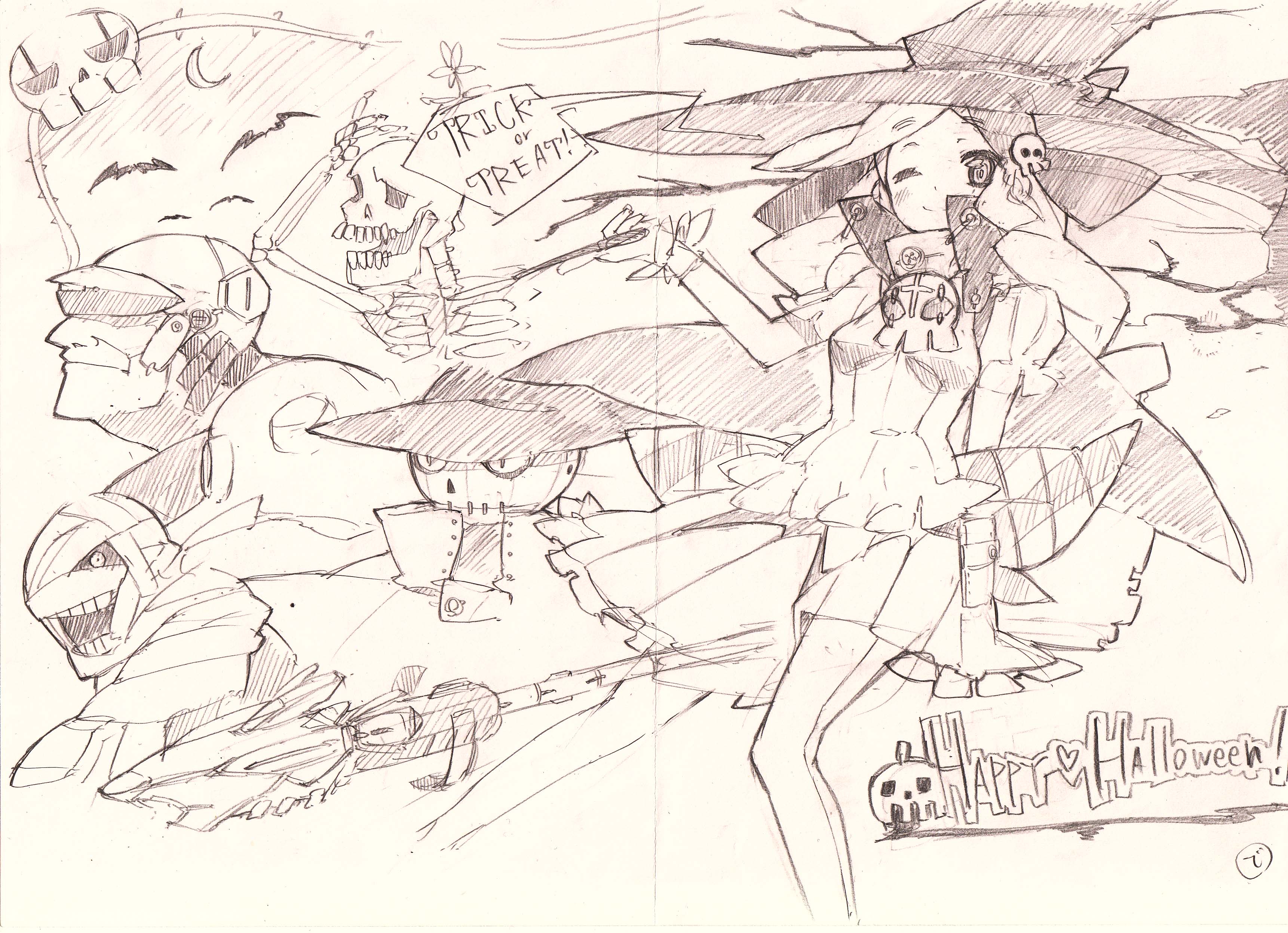 izuru (timbermetal), original, absurdres, bad id, bad pixiv id, highres, traditional media, 1girl, blush, broom, broom riding, brown theme, halloween, hat, long hair, monochrome, mummy, one eye closed, skeleton, sketch, skirt, wink, witch hat