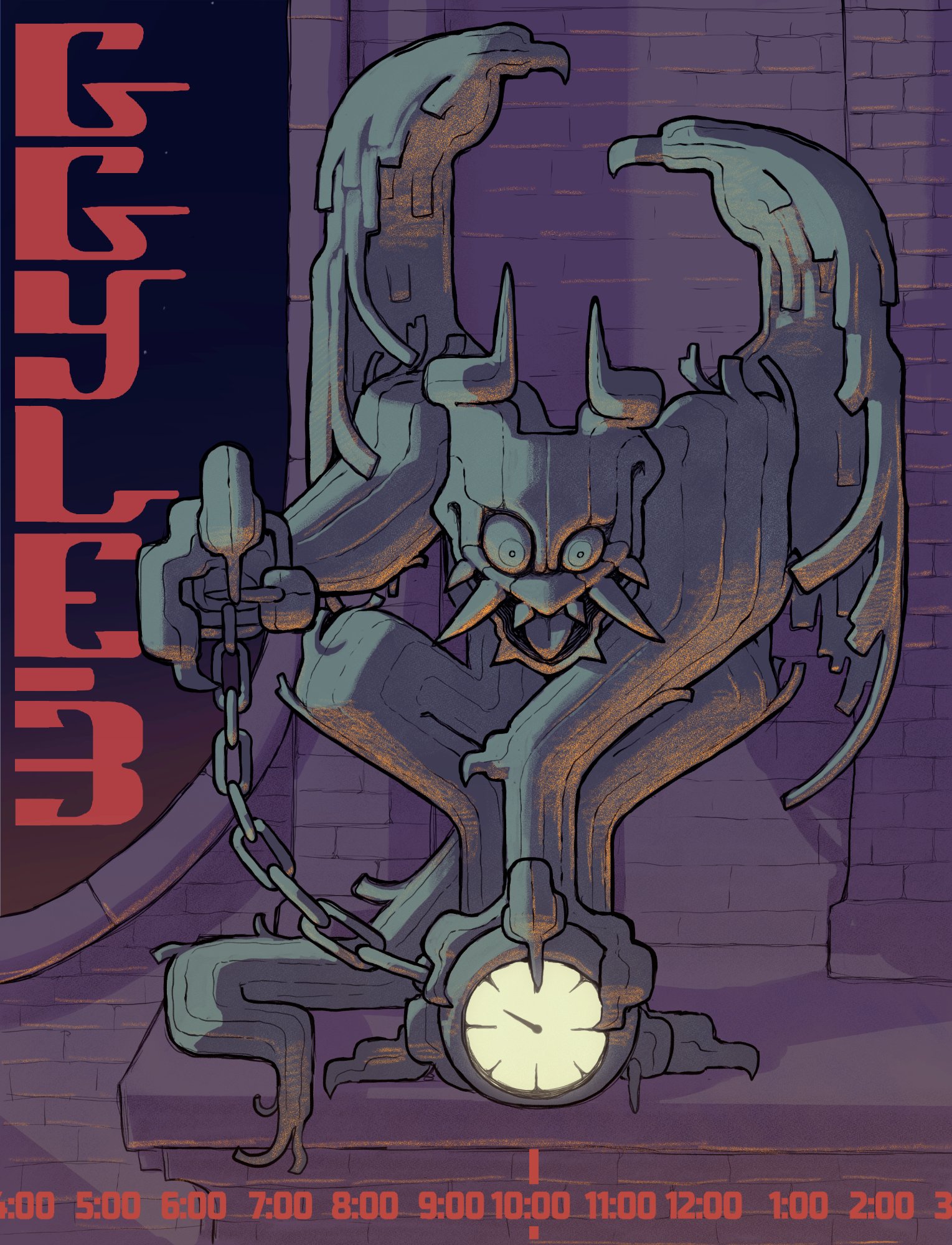 zals, original, commentary, english commentary, highres, chain, claws, clock, demon, demon horns, gargoyle, horns, night, statue, timestamp, tusks, wings