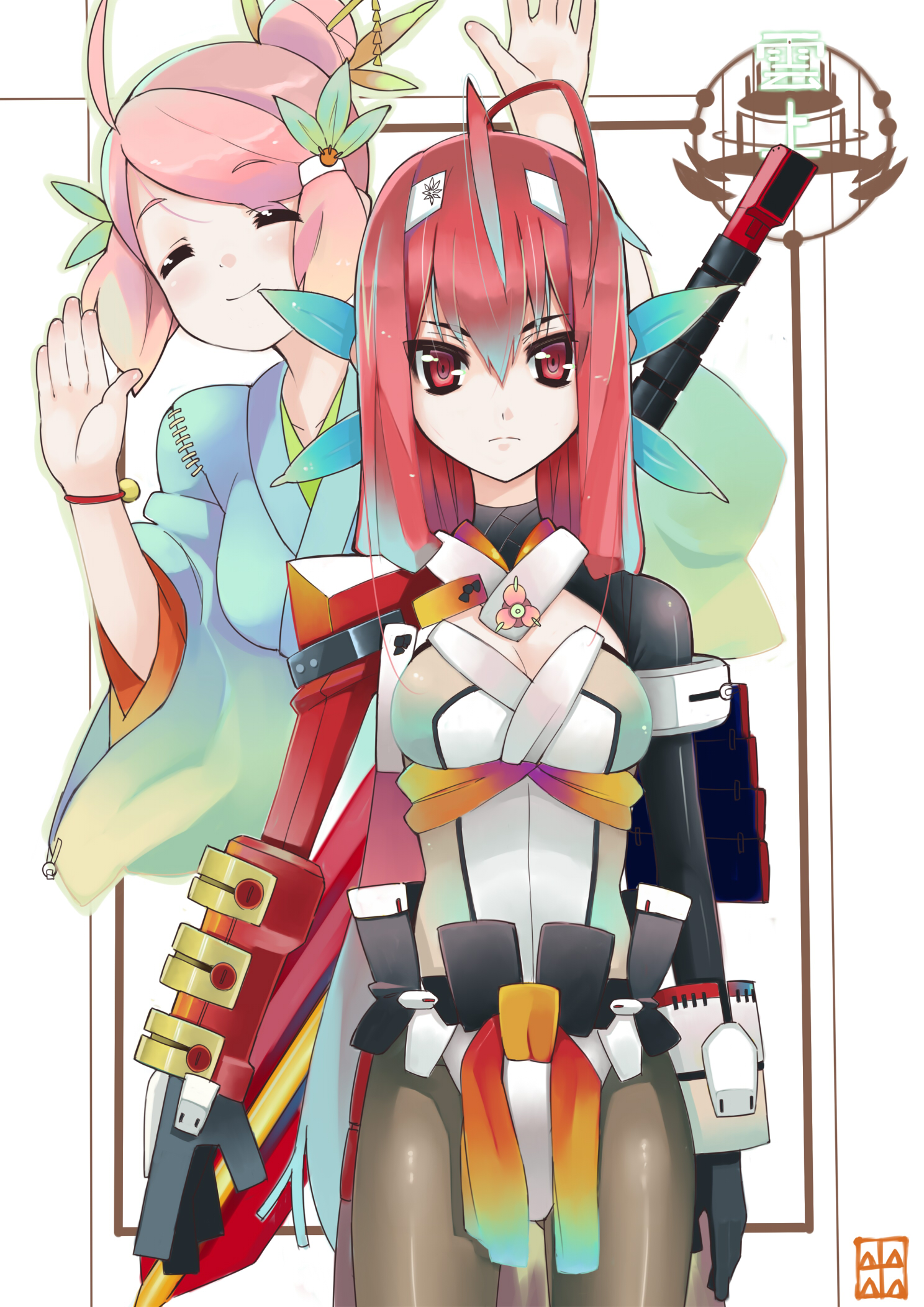 izuru (timbermetal), original, bad id, bad pixiv id, highres, 2girls, ahoge, bodysuit, breasts, cleavage, closed eyes, japanese clothes, kimono, large breasts, long hair, multiple girls, pantyhose, pink hair, red eyes, red hair, smile