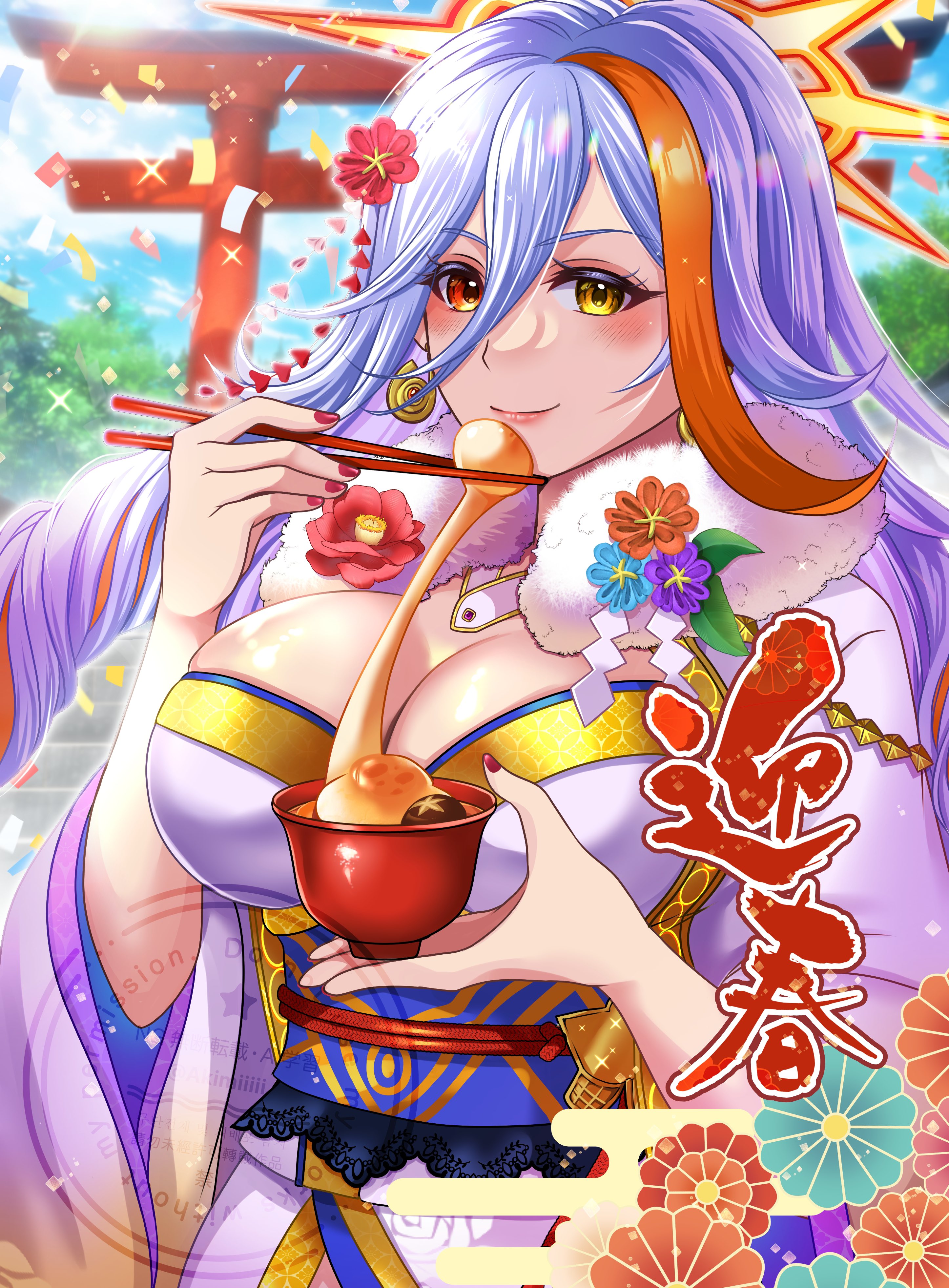akimiiiii, baldr (fire emblem heroes), baldr (new year's elite) (fire emblem heroes), fire emblem, fire emblem heroes, nintendo, absurdres, commentary, highres, 1girl, blush, breasts, cleavage, colored inner hair, drill hair, earrings, flower, fur-trimmed kimono, fur trim, geta, gradient clothes, gradient kimono, hair flower, hair ornament, halo, heterochromia, japanese clothes, jewelry, kimono, large breasts, long hair, looking at viewer, multicolored hair, official alternate costume, orange hair, orange halo, orange streaks, red eyes, shrine, smile, streaked hair, very long hair, watermark, white hair, white kimono, yellow eyes, yellow kimono, zouni soup