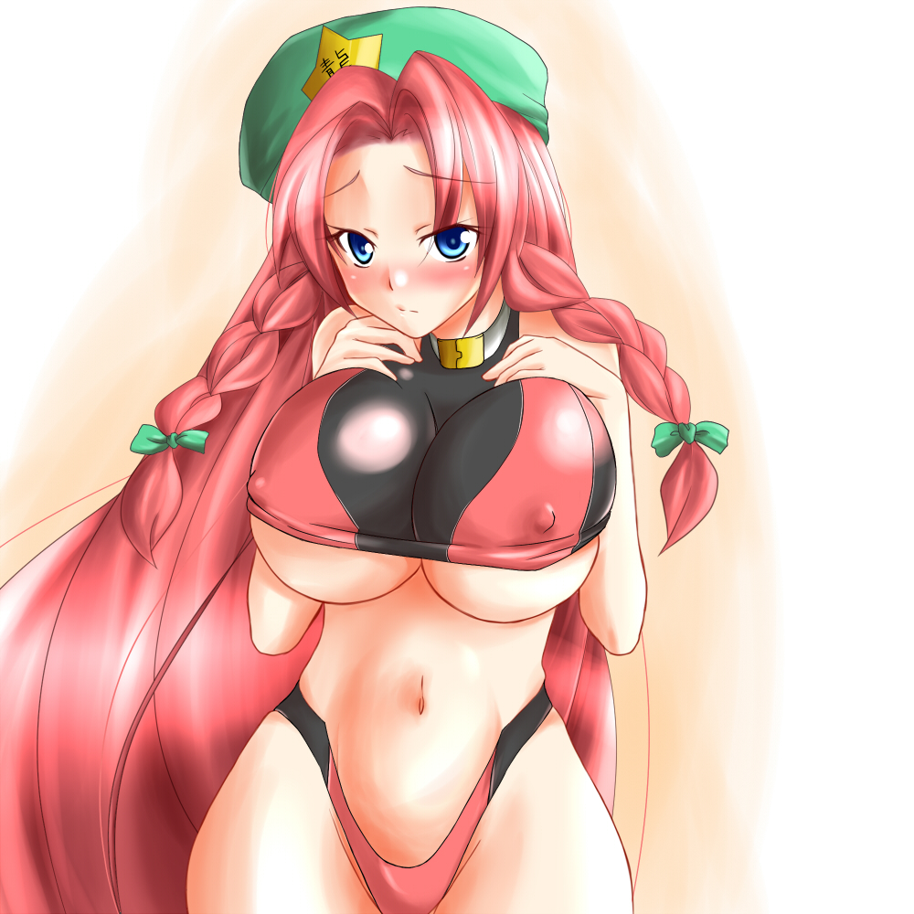 yamane akira, hong meiling, touhou, bad id, bad pixiv id, 1girl, blush, braid, breast suppress, breasts, covered erect nipples, female focus, hat, huge breasts, long hair, red hair, solo, underboob, very long hair