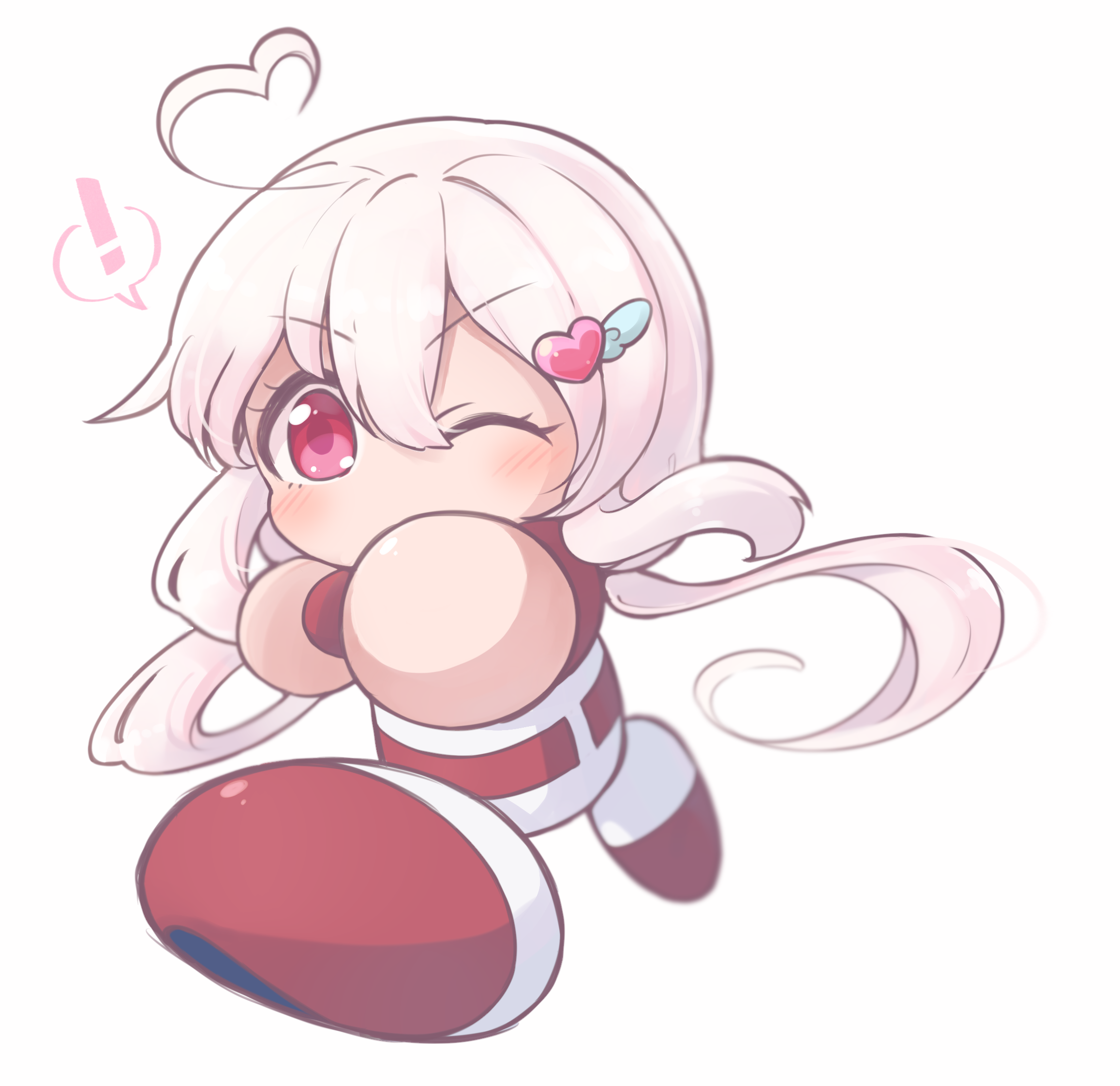 parmesan (zan parmesanne), amane karen, jikkyou powerful pro yakyuu, power pro appli, highres, !, 1girl, ahoge, baseball uniform, hair ornament, heart, heart ahoge, heart hair ornament, jikkyou powerful pro yakyuu (style), long hair, low twintails, multicolored shirt, multicolored shoes, no mouth, one eye closed, pink hair, rayman limbs, red eyes, red shirt, red shoes, running, shirt, shoes, solo, spoken exclamation mark, sportswear, twintails, two-tone shirt, two-tone shoes, white background, white shirt, white shoes