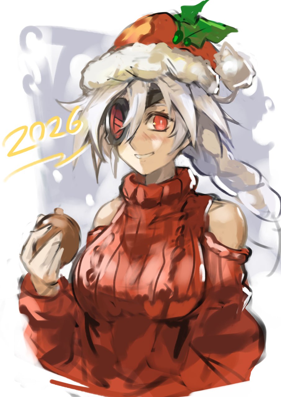 nu-13, blazblue, hashtag-only commentary, highres, 2026, bare shoulders, blush, bogdanza l, braid, breasts, eyepatch, hair between eyes, hat, large breasts, long hair, red eyes, red sweater, santa hat, smile, sweater, turtleneck, turtleneck sweater, white background, white hair