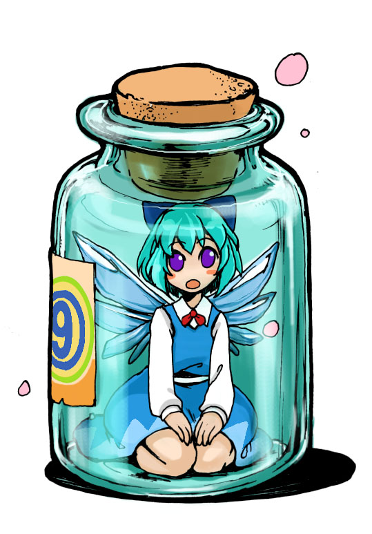 moeshimo (pixiv), cirno, phantasmagoria of flower view, touhou, 1girl, blue hair, bottle, bow, circled 9, cork, female focus, full body, hair bow, in bottle, in container, jar, purple eyes, short hair, solo, white background, wings