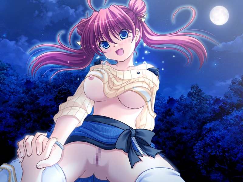 ninoko, sakuragi mika, furufuru full moon, game cg, non-web source, 1girl, :d, ahoge, armband, blue eyes, blush, bow, breasts, censored, clothes lift, cloud, cloudy sky, cow horns, double bun, fang, from below, full moon, hair bun, hair ornament, hair ribbon, holding hands, horns, interlocked fingers, long hair, moon, moonlight, mosaic censoring, night, nipples, no panties, open mouth, pink hair, pov, pov hands, pussy, red hair, ribbon, shirt lift, skirt, sky, smile, solo focus, star (sky), starry sky, thighhighs, tongue, tree, twintails, white thighhighs