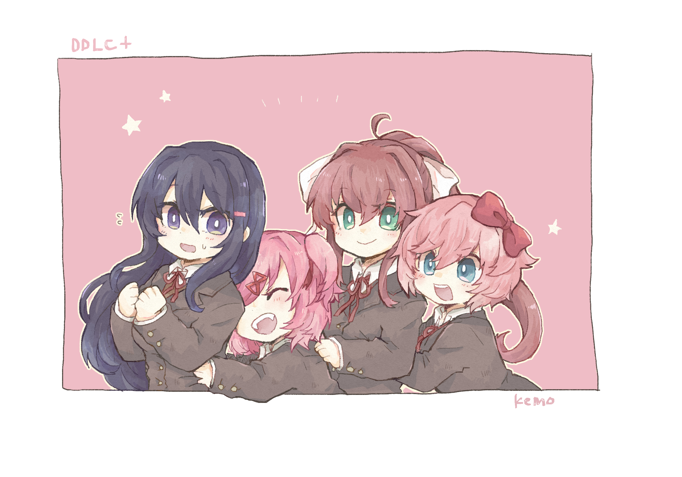 kemo (kemonngo), monika (doki doki literature club), natsuki (doki doki literature club), sayori (doki doki literature club), yuri (doki doki literature club), doki doki literature club, commentary request, highres, 4girls, ahoge, aqua eyes, artist name, blazer, blush, bow, bright pupils, brown hair, closed eyes, closed mouth, collared shirt, doki doki literature club school uniform, fangs, flying sweatdrops, green eyes, grey jacket, hair bow, hair intakes, hair ornament, hairclip, hand on another's hip, hand on another's shoulder, jacket, long hair, long sleeves, medium hair, multiple girls, neck ribbon, open mouth, outline, pink background, pink hair, ponytail, purple eyes, purple hair, red bow, red ribbon, ribbon, school uniform, shirt, short hair, simple background, smile, star (symbol), sweatdrop, teeth, two side up, upper teeth only, white outline, white pupils, white ribbon, white shirt