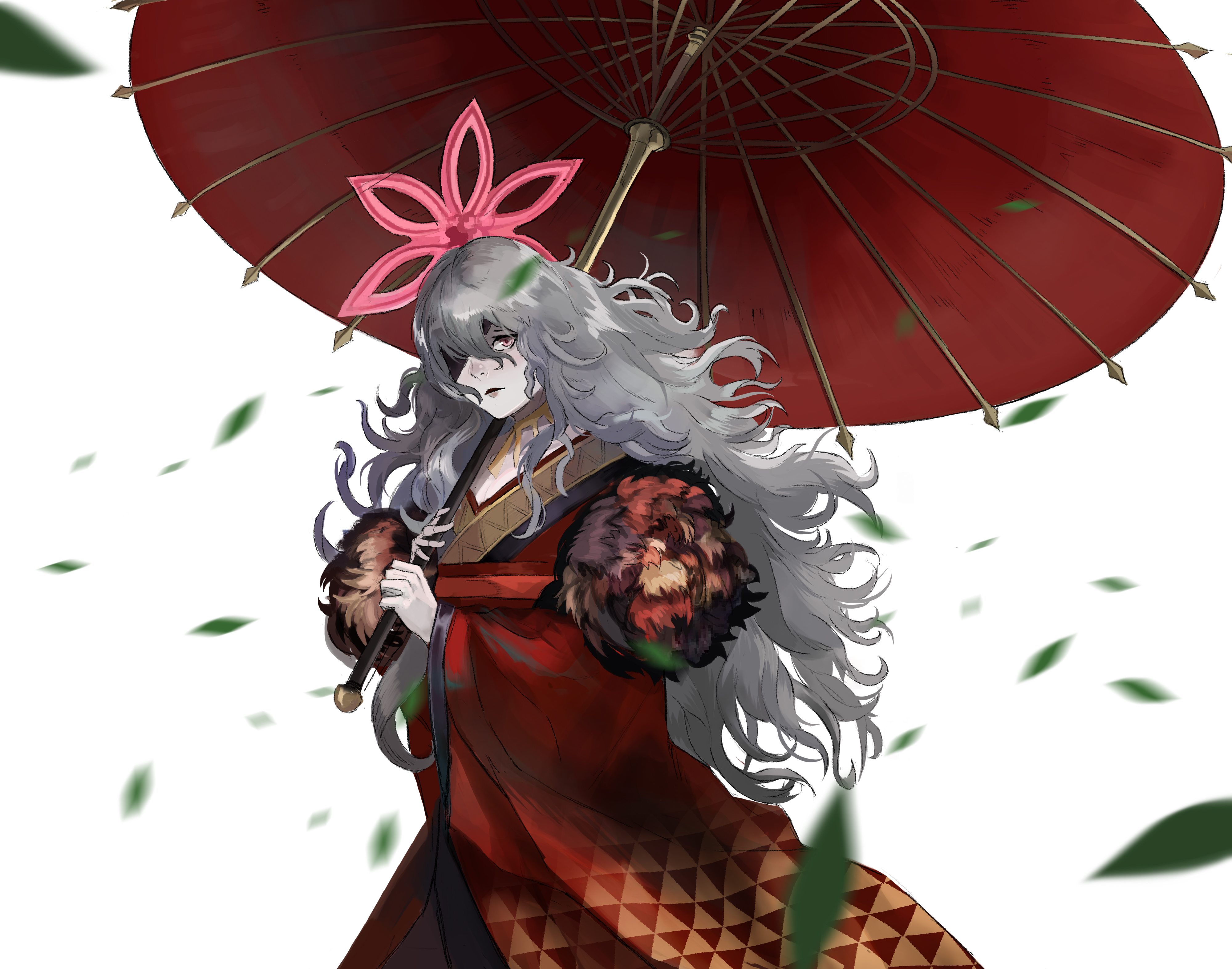 rod langhi, embla (fire emblem), embla (new year) (fire emblem), fire emblem, fire emblem heroes, nintendo, absurdres, commentary, english commentary, highres, 1girl, grey hair, hair between eyes, halo, holding, holding umbrella, japanese clothes, kimono, leaf, long hair, looking at viewer, off shoulder, official alternate costume, oil-paper umbrella, one eye covered, red eyes, red halo, red kimono, solo, umbrella, very long hair, white background