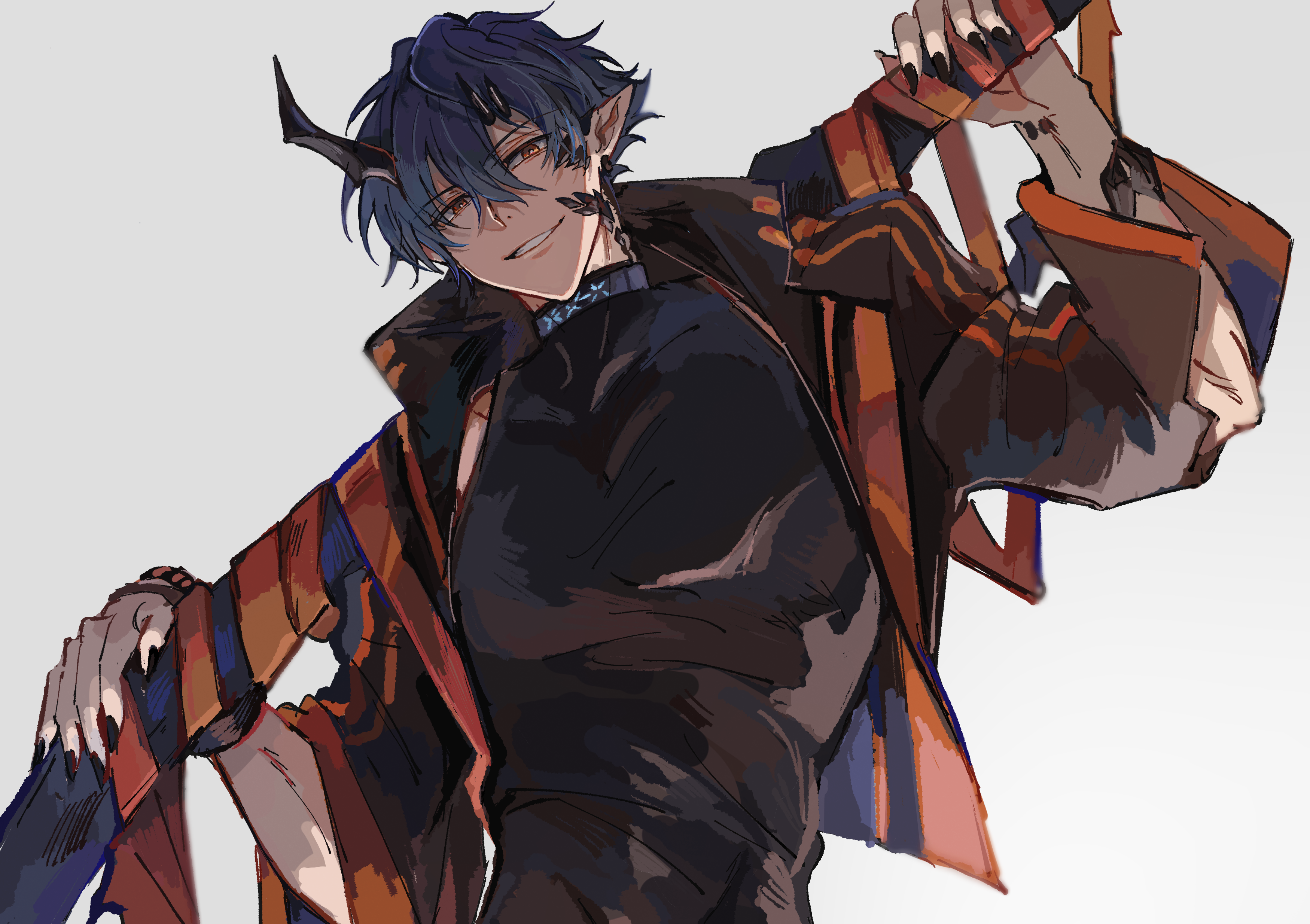 toramaru (696anna), flamebringer (arknights), infection monitor (arknights), arknights, absurdres, highres, 1boy, bishounen, black jacket, black nails, black shirt, blue hair, demon boy, fingernails, grey background, grin, holding, horns, jacket, looking at viewer, male focus, material growth, nail polish, open clothes, open jacket, orange eyes, oripathy lesion (arknights), pointy ears, red eyes, shirt, short hair, simple background, single horn, smile, solo, toned, toned male, upper body, weapon, white background