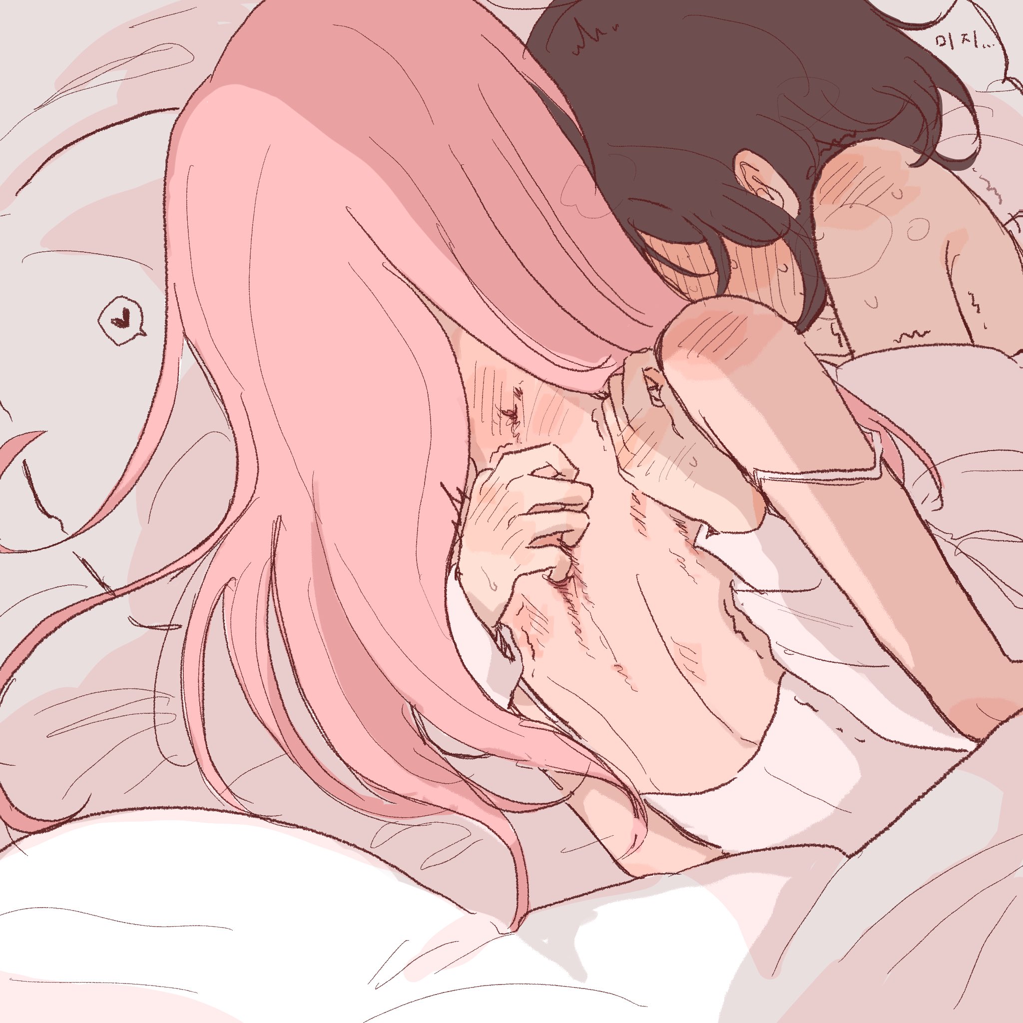 coldmeow, mizi (alien stage), sua (alien stage), alien stage, highres, translated, 2girls, black hair, blanket, heart, korean text, long hair, lying, multiple girls, on side, pink hair, spoken heart, yuri