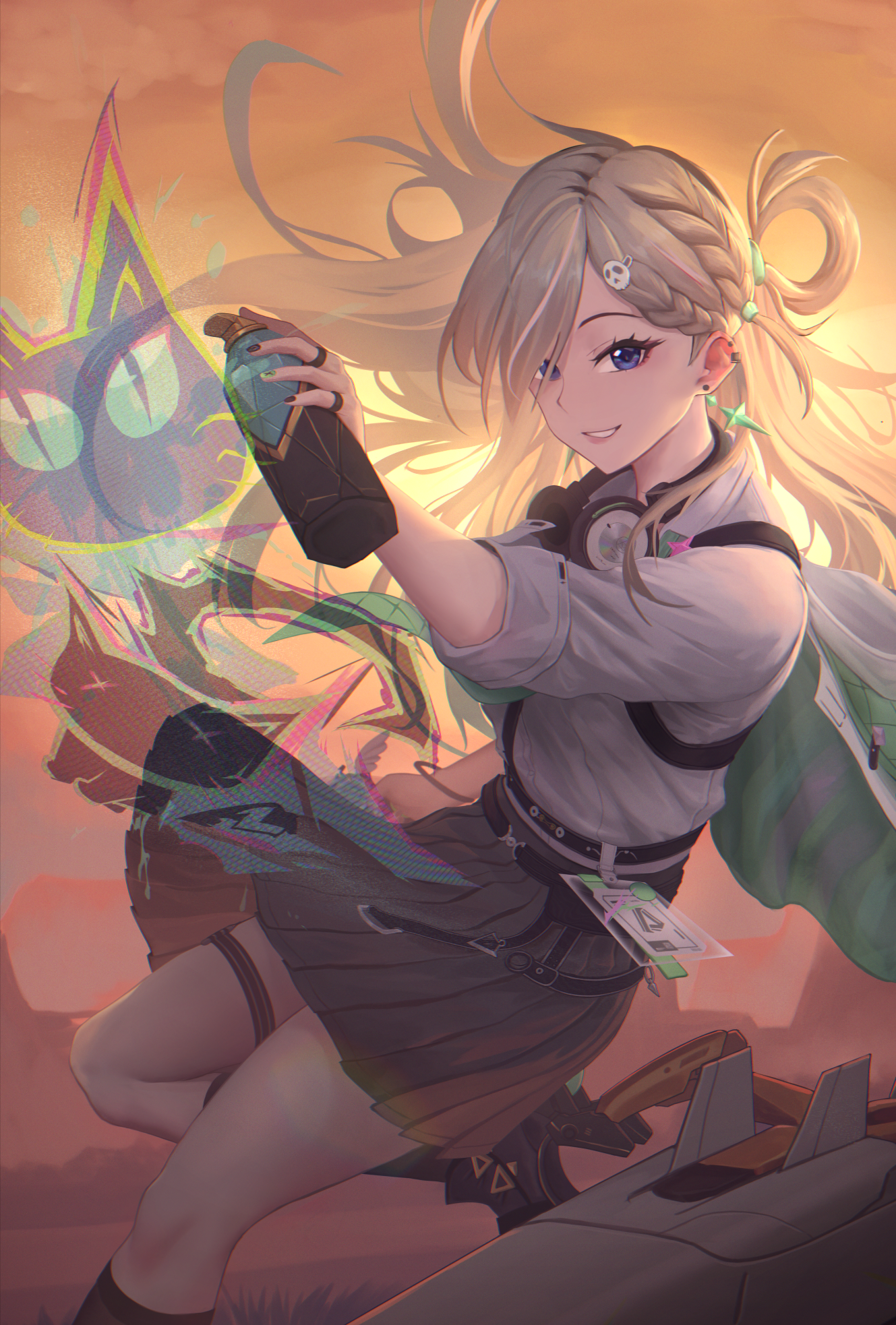zurrohartz, lynae (wuthering waves), wuthering waves, commentary, highres, 1girl, black skirt, blonde hair, blue eyes, braid, braided bangs, earrings, evening, graffiti, hair ornament, headphones, headphones around neck, holding, holding spray can, jacket, jewelry, long hair, looking at viewer, orange sky, parted lips, shirt, shirt tucked in, skirt, skull hair ornament, sky, smile, solo, spray can, star (symbol), star earrings, thigh strap, white jacket, white shirt