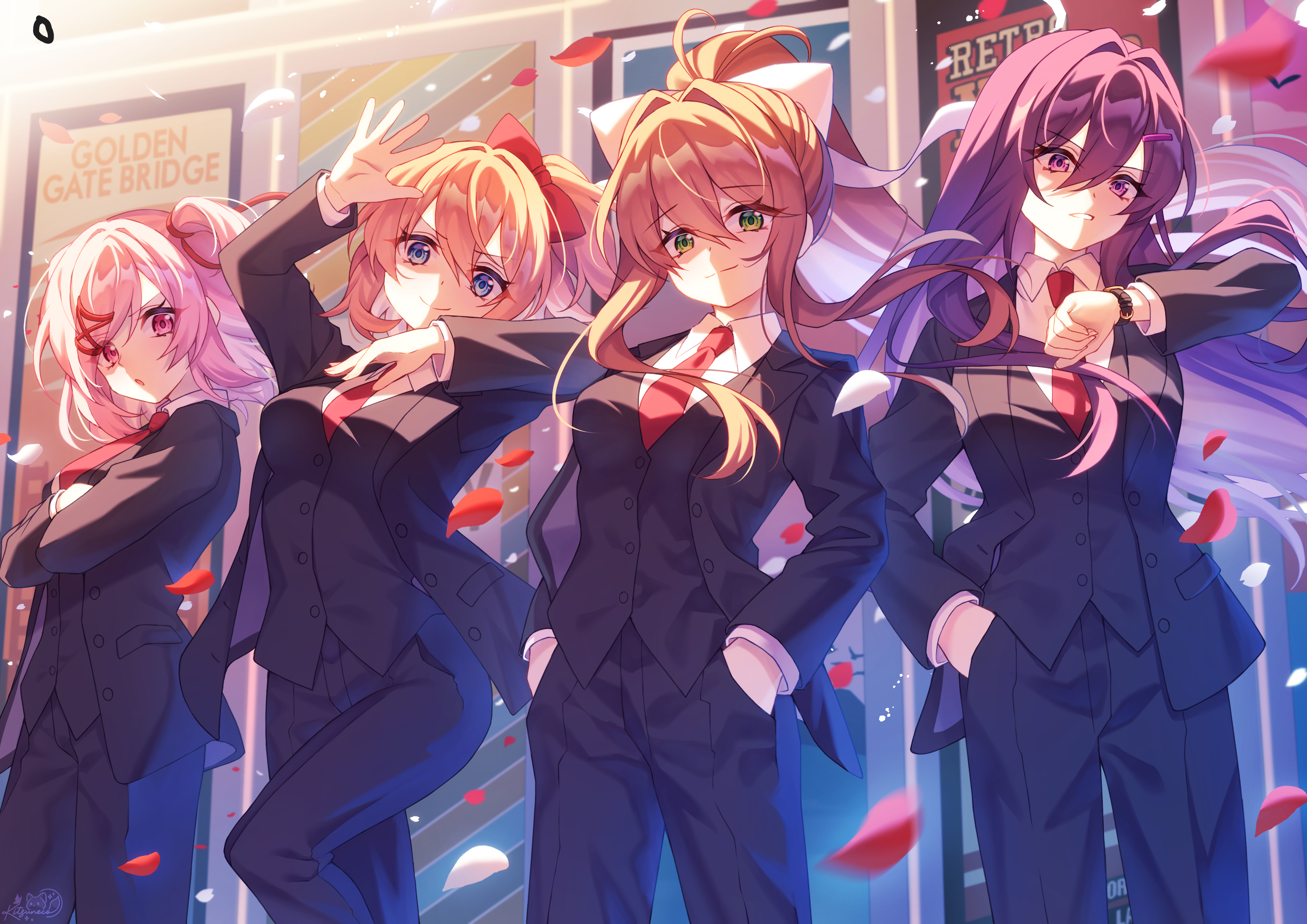 kitsuneco, monika (doki doki literature club), natsuki (doki doki literature club), sayori (doki doki literature club), yuri (doki doki literature club), doki doki literature club, pruple hair, absurdres, commission, highres, second-party source, 4girls, :o, alternate hairstyle, black jacket, black pants, black suit, black vest, blue eyes, blue pants, bow, breasts, brown hair, closed mouth, collared shirt, crossed arms, english text, eyelashes, floating hair, formal clothes, green eyes, green pupils, hair between eyes, hair bow, hair intakes, hair ornament, hair ribbon, hairclip, hands in pockets, jacket, leaf, long hair, looking at watch, matching outfits, medium hair, multiple girls, necktie, open clothes, open jacket, open mouth, pants, petals, pink eyes, pink hair, pink pupils, ponytail, poster (object), purple eyes, purple pupils, red bow, red necktie, red ribbon, ribbon, shirt, short ponytail, signature, smile, standing, suit, suit jacket, two side up, vest, watch, white ribbon, white shirt, wristwatch