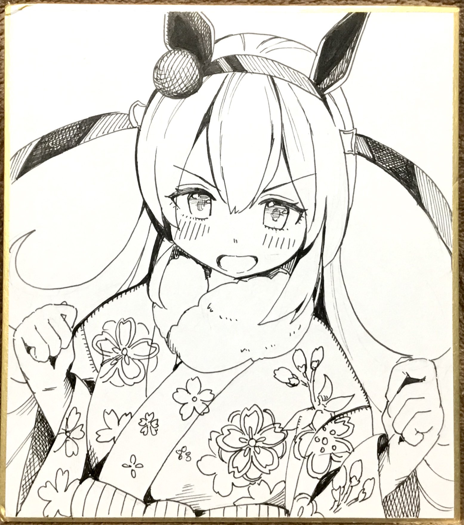 yomean!, tamamo cross (umamusume), umamusume, highres, marker (medium), pen (medium), traditional media, 1girl, :d, animal ears, double-parted bangs, ear covers, floral print, floral print kimono, fur collar, hair between eyes, hairband, horse ears, horse girl, japanese clothes, kimono, long hair, long sleeves, looking at viewer, open mouth, print kimono, ribbon, shikishi, smile, solo, upper body, v-shaped eyebrows