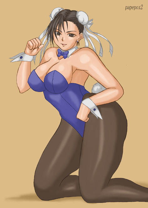 papepox2, chun-li, capcom, street fighter, 1girl, breasts, brown eyes, brown hair, female focus, pantyhose, playboy bunny, solo