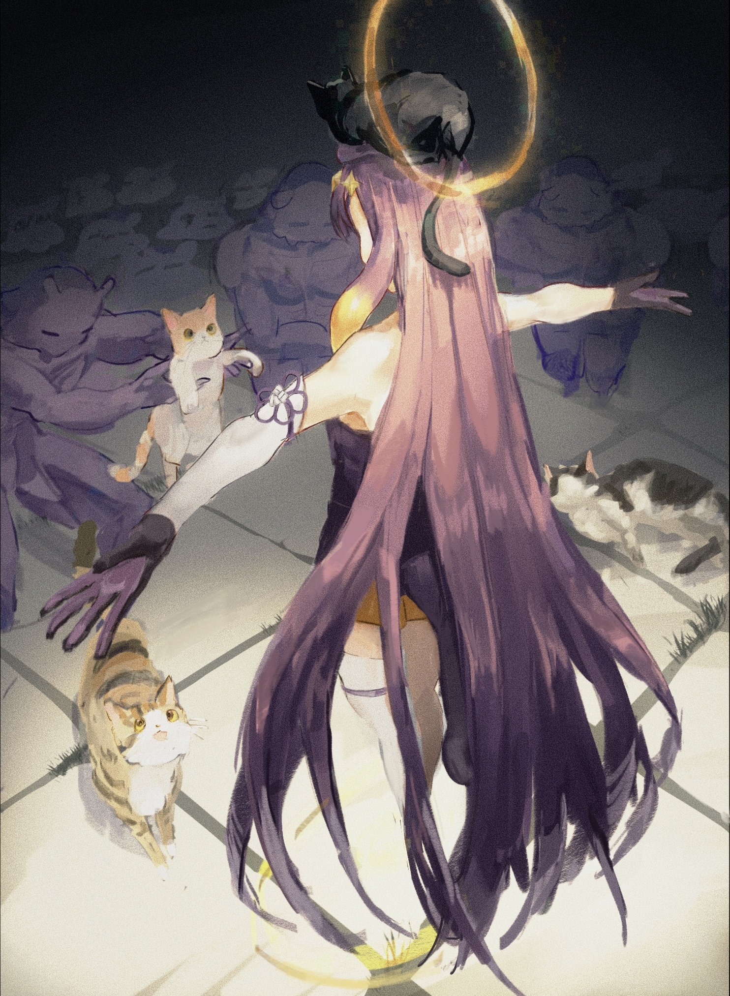 capucino art, ninomae ina'nis, ninomae ina'nis (1st costume), takodachi (ninomae ina'nis), hololive, hololive english, commentary, highres, symbol-only commentary, 1girl, animal, bare shoulders, black cat, cat, from behind, hair ornament, halo, long hair, multicolored hair, multiple cats, multiple others, orange hair, purple hair, t-pose, tentacle hair, virtual youtuber