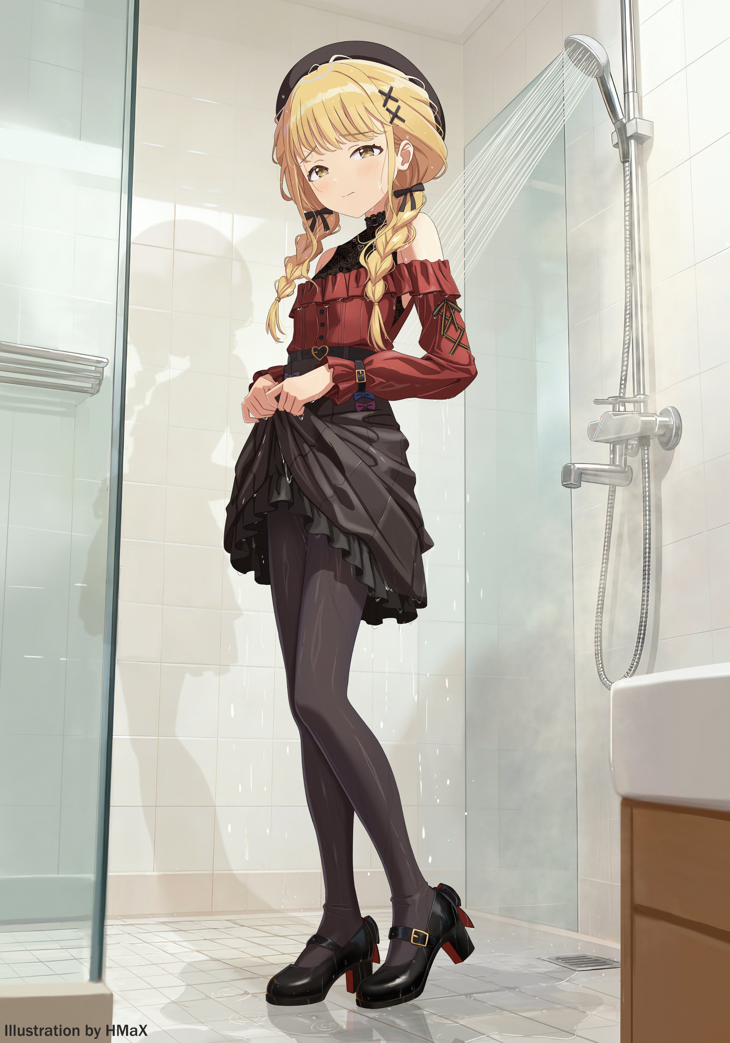 hmax, fujita kotone, gakuen idolmaster, idolmaster, absurdres, highres, beret, blonde hair, braid, braided twintails, clothes lift, frilled shirt, frilled skirt, frills, full body, hair ribbon, hat, mary janes, pantyhose, red shirt, ribbon, shirt, shoes, shower (place), shower head, showering, skirt, skirt lift, tiles, undershirt, wet, wet clothes, yellow eyes