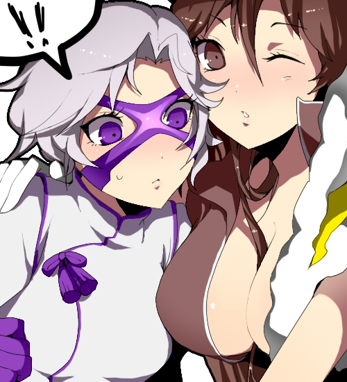 komekei, maeda keiji (sengoku basara), takenaka hanbee (sengoku basara), sengoku basara, bad id, bad pixiv id, !, !!, 00s, 2girls, blush, breasts, brown eyes, brown hair, genderswap, genderswap (mtf), grey hair, large breasts, mask, medium breasts, multiple girls, one eye closed, purple eyes, sweatdrop, wink, yuri