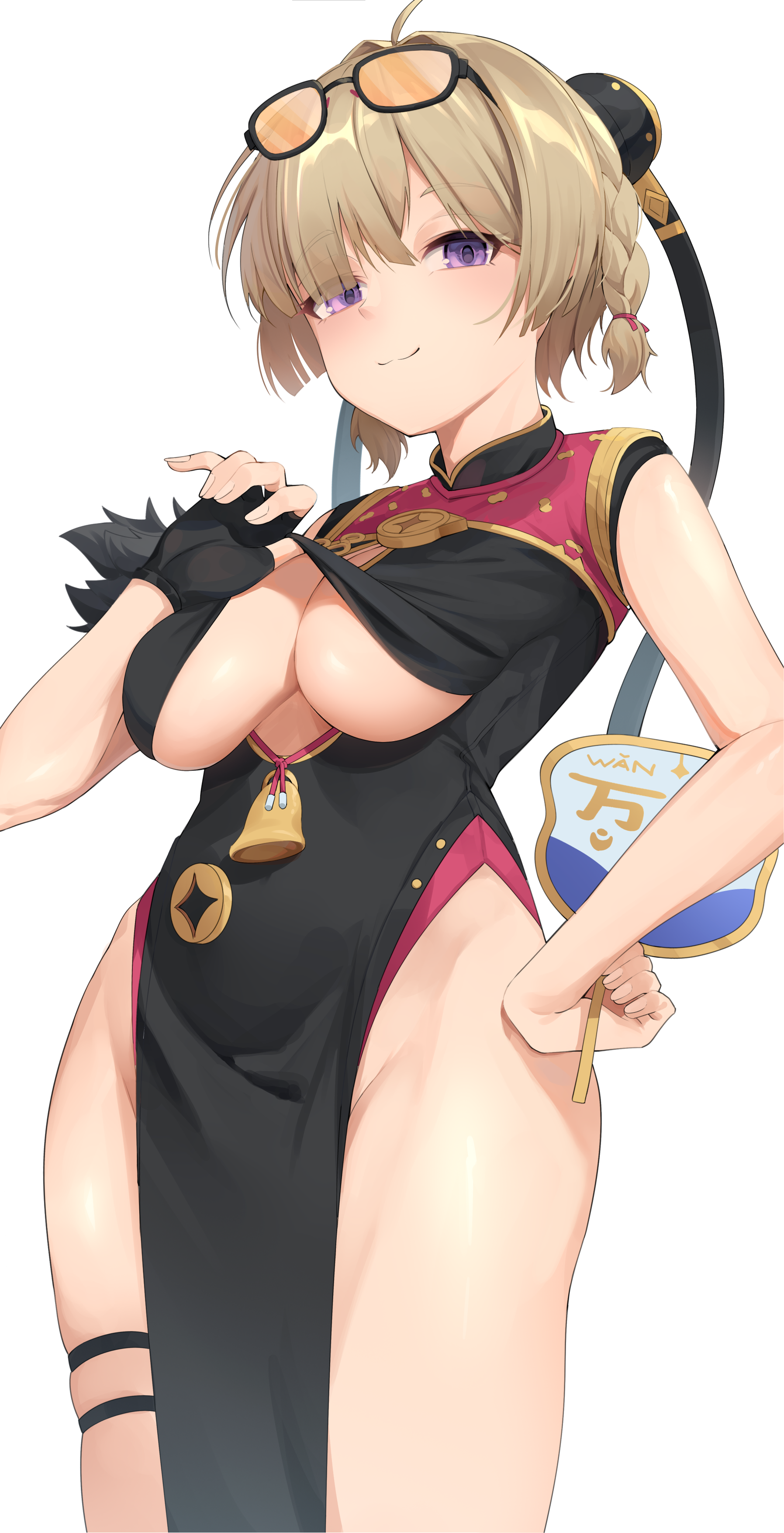 kidovie, sweety (zenless zone zero), zenless zone zero, absurdres, commentary, highres, 1girl, bare hips, bell, black dress, black gloves, blush, braid, breasts, brown eyes, china dress, chinese clothes, closed mouth, clothes pull, clothing cutout, cutout above navel, dress, eyewear on head, fingerless gloves, gloves, hair intakes, hair over one eye, hand fan, hand on own hip, holding, holding fan, jingle bell, large breasts, looking at viewer, orange-tinted eyewear, pelvic curtain, pulling own clothes, purple eyes, side braids, simple background, single fingerless glove, smile, solo, strapless, sunglasses, thighs, tinted eyewear, tuanshan, underboob, underboob cutout, white background