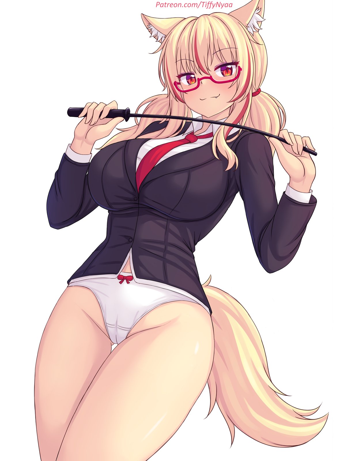 nottytiffy, tiffy (nottytiffy), original, highres, 1girl, animal ear fluff, animal ears, blonde hair, bow, bow panties, breasts, cat ears, cat girl, cat tail, fang, glasses, jacket, large breasts, long hair, looking at viewer, multicolored hair, necktie, no pants, office lady, panties, patreon username, red eyes, red hair, red necktie, semi-rimless eyewear, slit pupils, solo, streaked hair, suit jacket, tail, twintails, two-tone hair, under-rim eyewear, underwear, whip, white panties