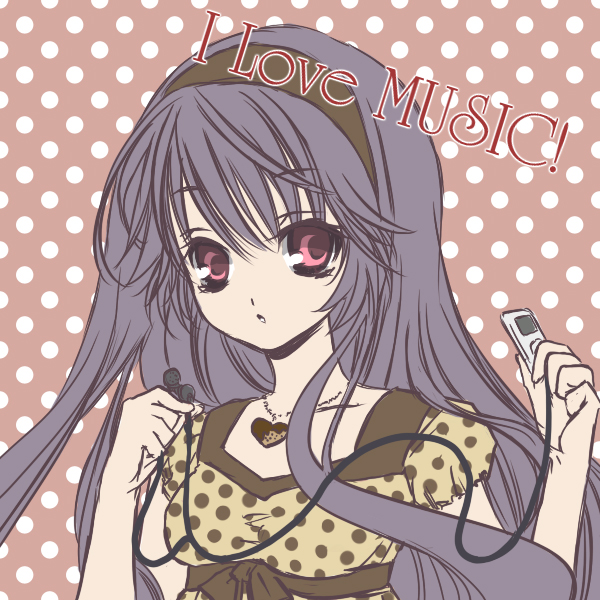 ichimatsu shiro, original, 1girl, english text, female focus, flat color, headband, ipod, ipod nano, ipod nano 2g, jewelry, long hair, mp3 player, necklace, pink eyes, purple hair, solo, unmoving pattern