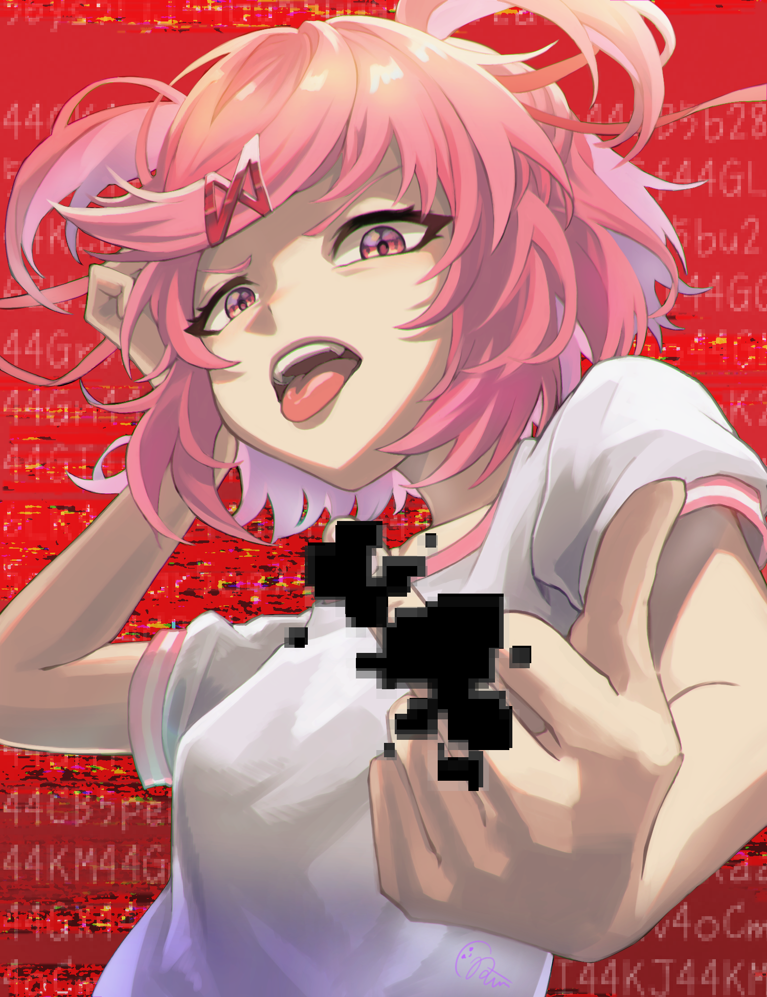 imucy, natsuki (doki doki literature club), doki doki literature club, commentary request, highres, 1girl, censored, glitch, glitch censor, looking at viewer, middle finger, open mouth, pink eyes, pink hair, shirt, short hair, solo, tongue, tongue out, twintails, white shirt