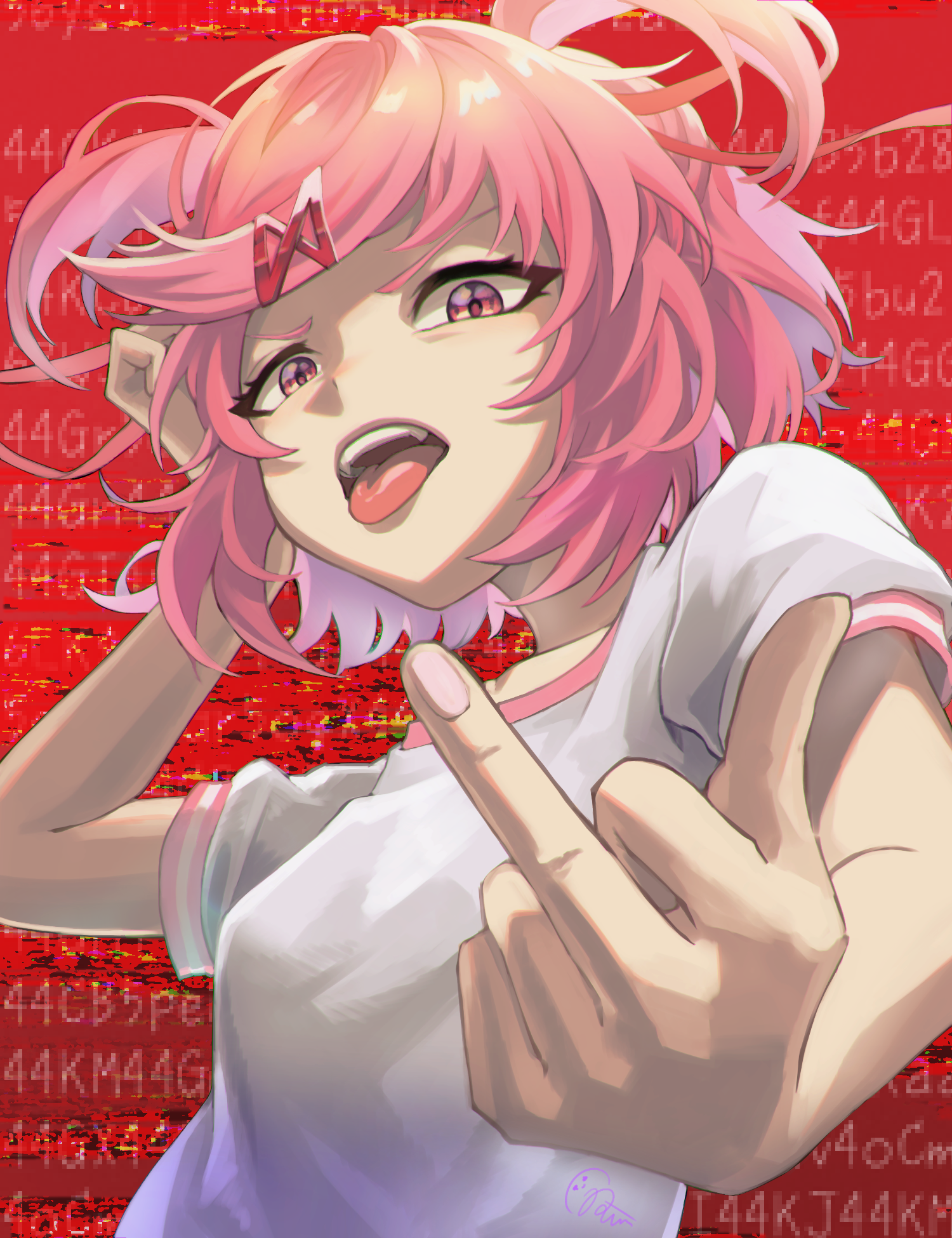 imucy, natsuki (doki doki literature club), doki doki literature club, commentary request, highres, 1girl, fingernails, glitch, looking at viewer, middle finger, open mouth, pink eyes, pink hair, shirt, short hair, solo, tongue, tongue out, twintails, white shirt