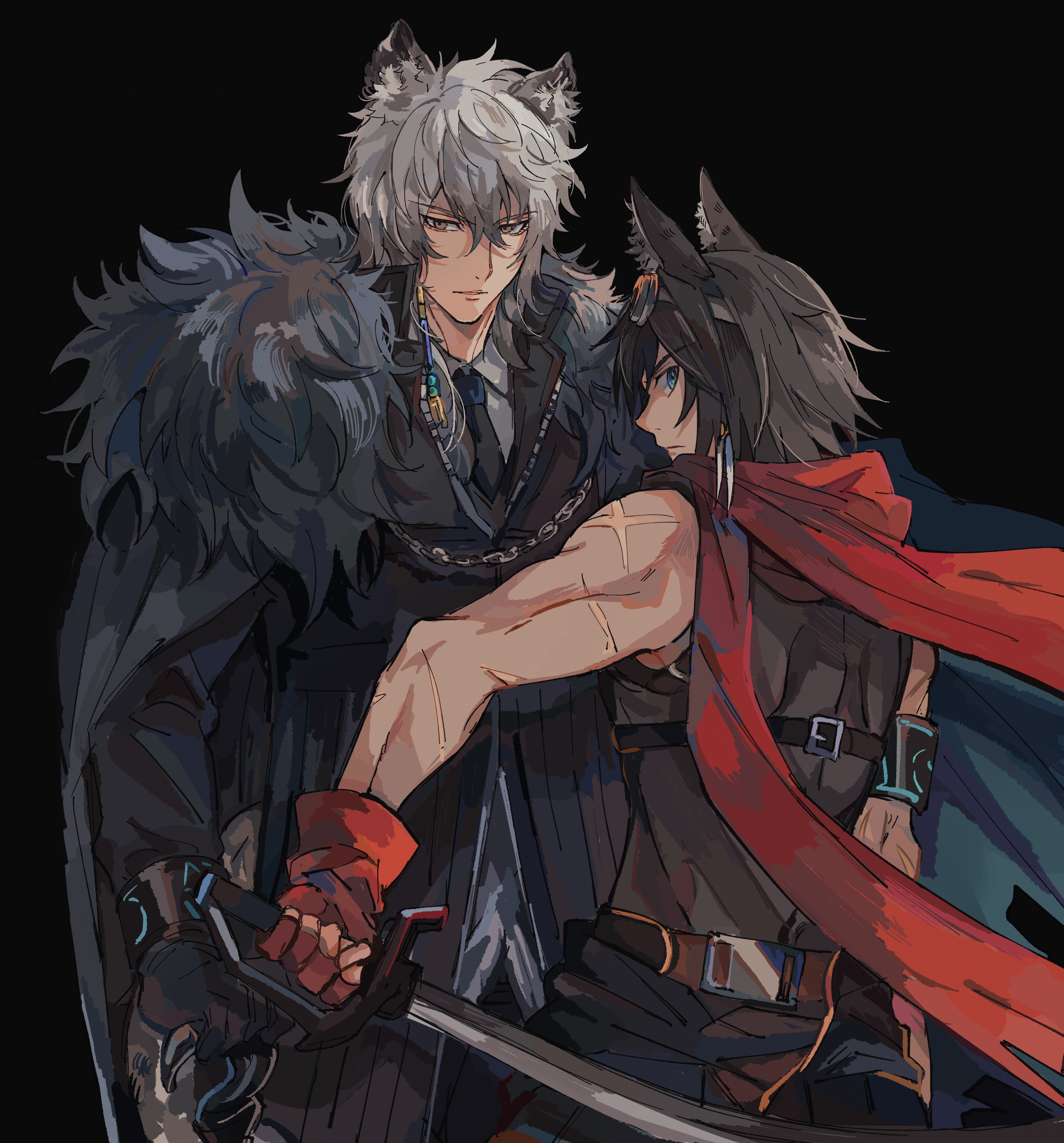 toramaru (696anna), courier (arknights), silverash (arknights), arknights, absurdres, highres, 2boys, animal ear fluff, animal ears, armband, black background, black cape, black coat, black gloves, black hair, black jacket, black necktie, black pants, blue eyes, cape, chain, cloak, closed mouth, coat, cowboy shot, earrings, fingerless gloves, fur-trimmed cape, fur-trimmed cloak, fur-trimmed coat, fur trim, gloves, goggles, goggles on head, grey eyes, grey hair, hair between eyes, holding, holding sword, holding weapon, jacket, jewelry, leopard ears, long sleeves, looking at viewer, male focus, multiple boys, necktie, pants, profile, red gloves, red scarf, scar, scar on arm, scarf, shirt, short hair, simple background, single earring, sleeveless, sleeveless shirt, standing, sword, weapon