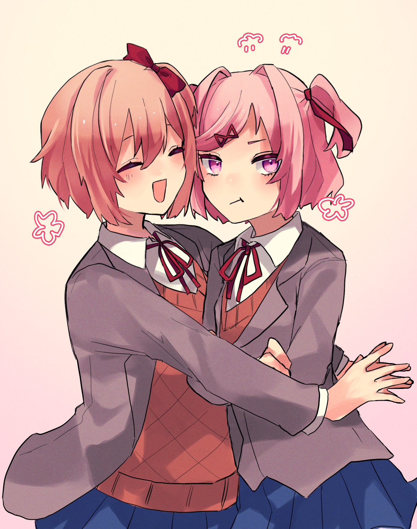 natsuki (doki doki literature club), sayori (doki doki literature club), doki doki literature club, commentary request, highres, 2girls, :t, blazer, blue skirt, blush, bow, closed eyes, closed mouth, collared shirt, doki doki literature club school uniform, eyelashes, grey jacket, hair bow, hair ribbon, hug, jacket, long sleeves, multiple girls, muno beam, neck ribbon, open clothes, open jacket, open mouth, orange sweater vest, orange vest, pink eyes, pink hair, red bow, red ribbon, ribbon, school uniform, shirt, short hair, simple background, skirt, smile, sweater vest, two side up, vest, white background, white shirt