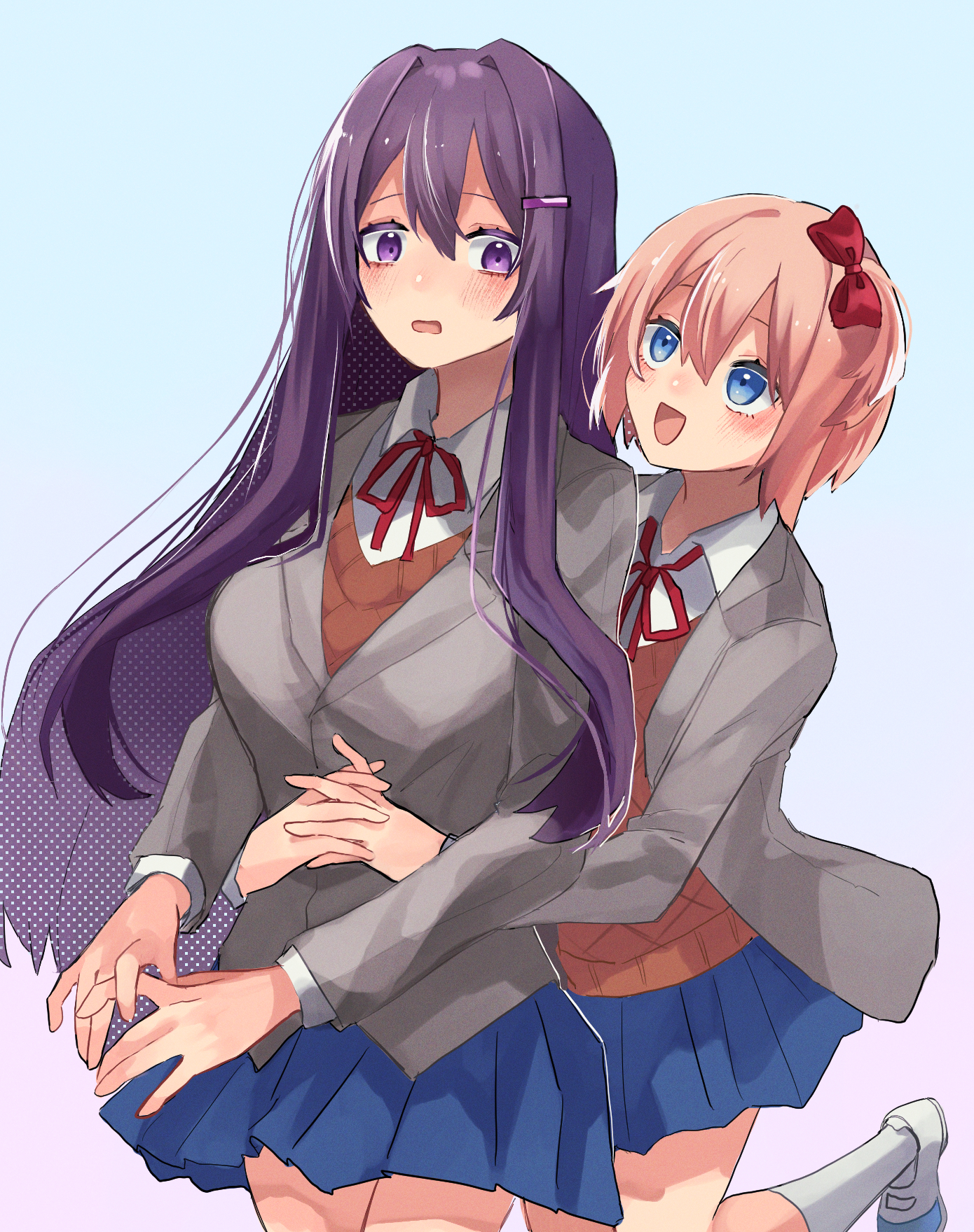 sayori (doki doki literature club), yuri (doki doki literature club), doki doki literature club, commentary request, highres, 2girls, aqua background, blazer, blue eyes, blue skirt, blush, bow, brown sweater vest, brown vest, collared shirt, doki doki literature club school uniform, eyelashes, grey jacket, hair between eyes, hair bow, hair intakes, hair ornament, hairclip, hug, hug from behind, jacket, long hair, long sleeves, multiple girls, muno beam, neck ribbon, open clothes, open jacket, open mouth, own hands together, pink hair, purple eyes, purple hair, red bow, red ribbon, ribbon, school uniform, shirt, shoes, short hair, simple background, skirt, smile, socks, standing, standing on one leg, sweater vest, vest, white shirt, white shoes, white socks