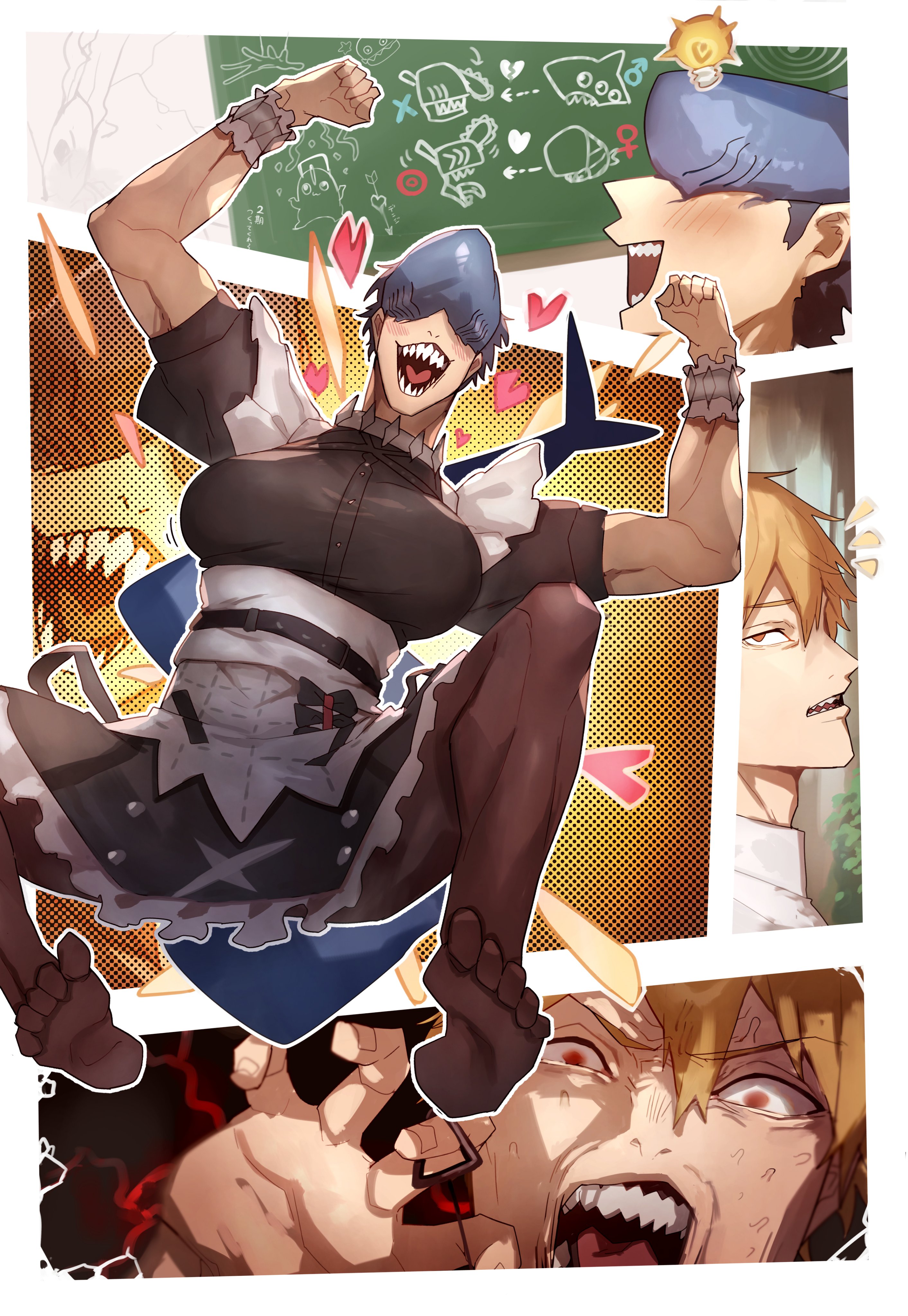 shiburingaru, beam (chainsaw man), denji (chainsaw man), ellen joe, chainsaw man, zenless zone zero, absurdres, highres, 1boy, 1girl, alternate costume, blonde hair, breasts, cosplay, ellen joe (cosplay), enmaided, genderswap, genderswap (mtf), heart, large breasts, maid, ripcord, shark girl, sharp teeth, surprised, teeth