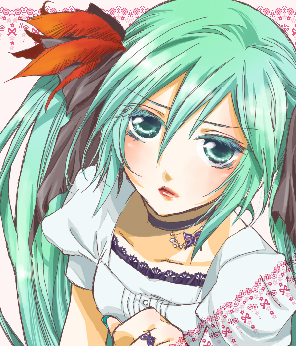 ichimatsu shiro, hatsune miku, vocaloid, world is mine (vocaloid), bad id, bad pixiv id, aqua eyes, aqua hair, jewelry, long hair, solo, twintails