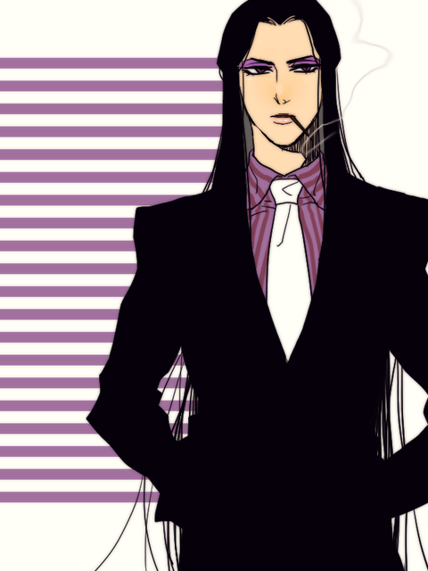 v (tit mzmz), jack barbarosa bancoran, patalliro!, commentary request, 1boy, black hair, black jacket, black suit, brown eyes, cigarette, collared shirt, eyeshadow, facing viewer, formal clothes, hands in pockets, jacket, long hair, looking to the side, makeup, male focus, mouth hold, necktie, parted bangs, purple eyeshadow, purple shirt, serious, shirt, sideways glance, smoke, smoke trail, smoking, solo, straight-on, striped background, striped clothes, striped shirt, suit, upper body, very long hair, white background, white necktie