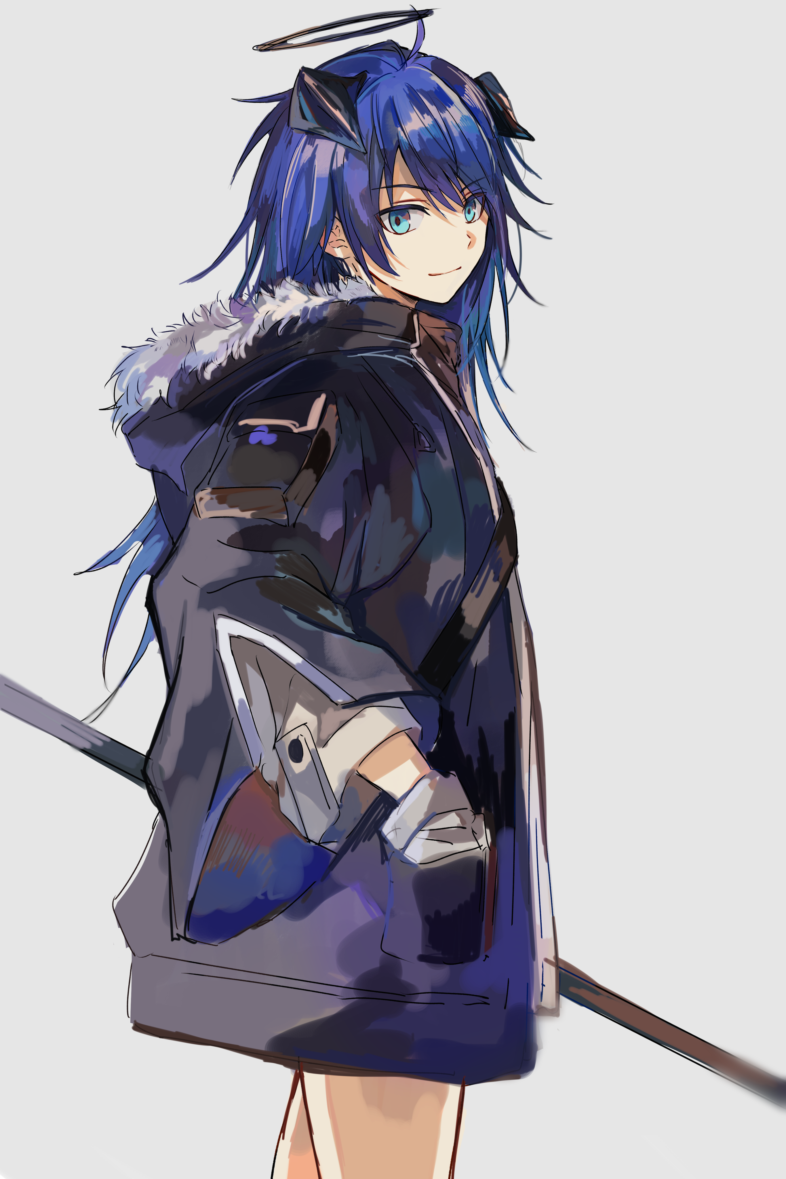 toramaru (696anna), mostima (arknights), arknights, absurdres, highres, 1girl, ahoge, blue eyes, blue hair, closed mouth, coat, cowboy shot, dark halo, demon horns, from side, fur-trimmed hood, fur trim, grey background, halo, hand in pocket, holding, holding staff, hood, hood down, horns, jacket, long hair, long sleeves, looking at viewer, simple background, smile, solo, staff