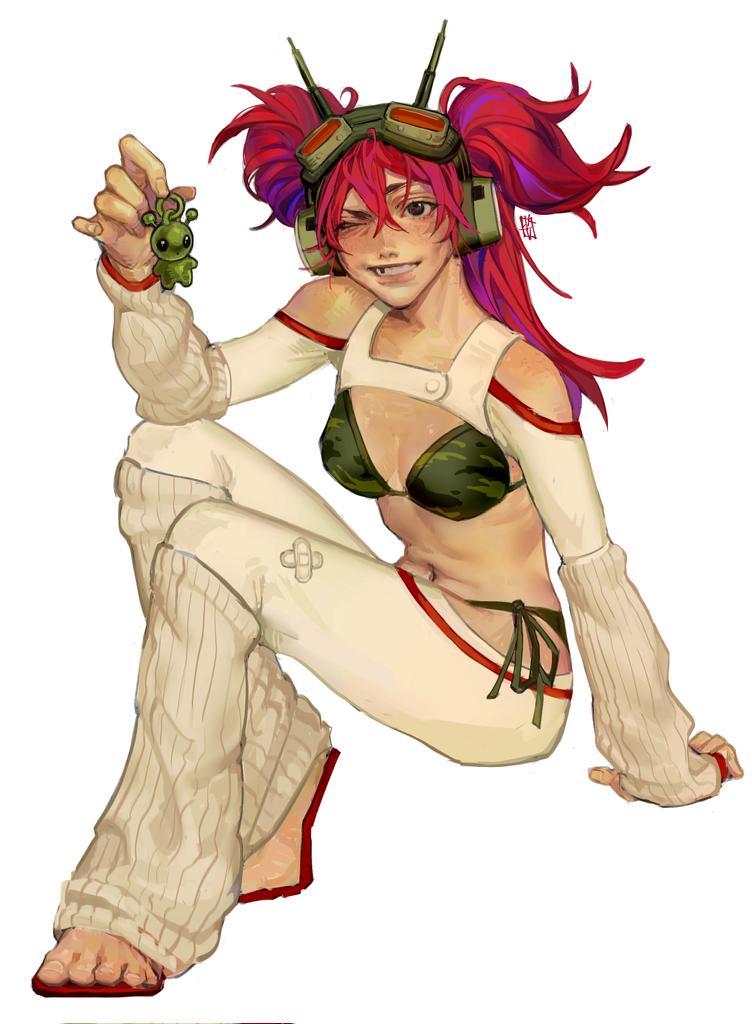 lika vante, truck (nifast (greentail)), original, 1girl, antenna hair, bandaid on thigh, bikini, breasts, camouflage, camouflage bikini, character charm, charm (object), freckles, full body, goggles, goggles on head, green bikini, grin, hair between eyes, headphones, long hair, looking at viewer, medium breasts, missing tooth, one eye closed, red hair, side-tie bikini bottom, simple background, smile, solo, swimsuit, two side up, white background, white sleeves