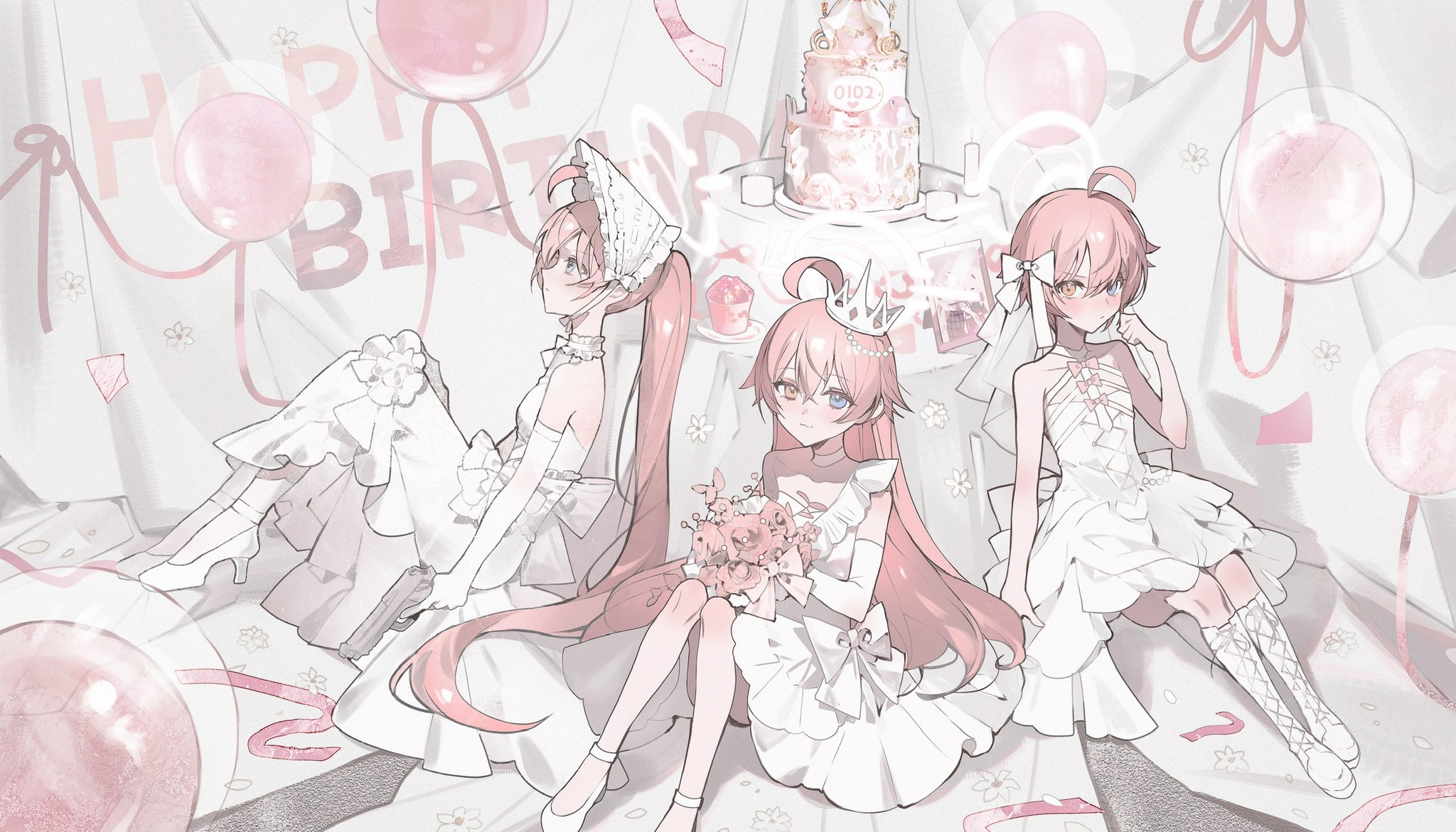 ajirui, hoshino (blue archive), hoshino (first year) (blue archive), blue archive, commission, highres, second-party source, 3girls, ahoge, bare shoulders, birthday cake, blue eyes, bonnet, bow, cake, choker, crown, dress, elbow gloves, food, frilled dress, frills, gloves, hair bow, happy birthday, heterochromia, long hair, looking at viewer, multiple girls, pink hair, ponytail, shoes, short hair, sleeveless, sleeveless dress, very long hair, white bonnet, white dress, white shoes, yellow eyes