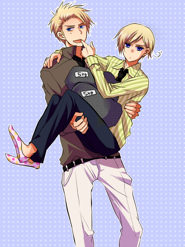 vegalo, denmark (hetalia), norway (hetalia), axis powers hetalia, 00s, 2boys, ahoge, blonde hair, blue eyes, carrying, finger in another's mouth, male focus, multiple boys, princess carry